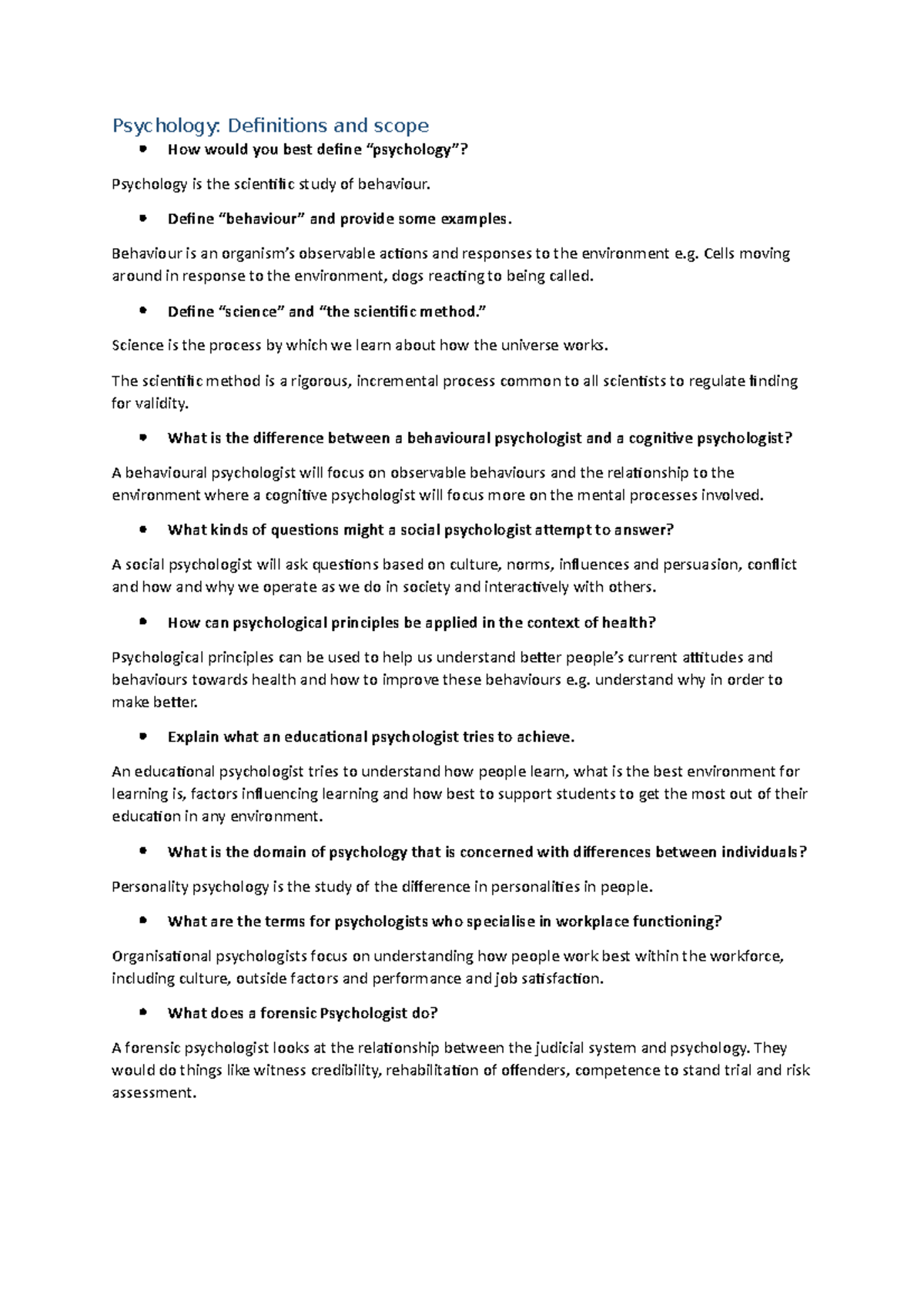 W1 - Lecture notes 1 - Psychology: Definitions and scope How would you ...