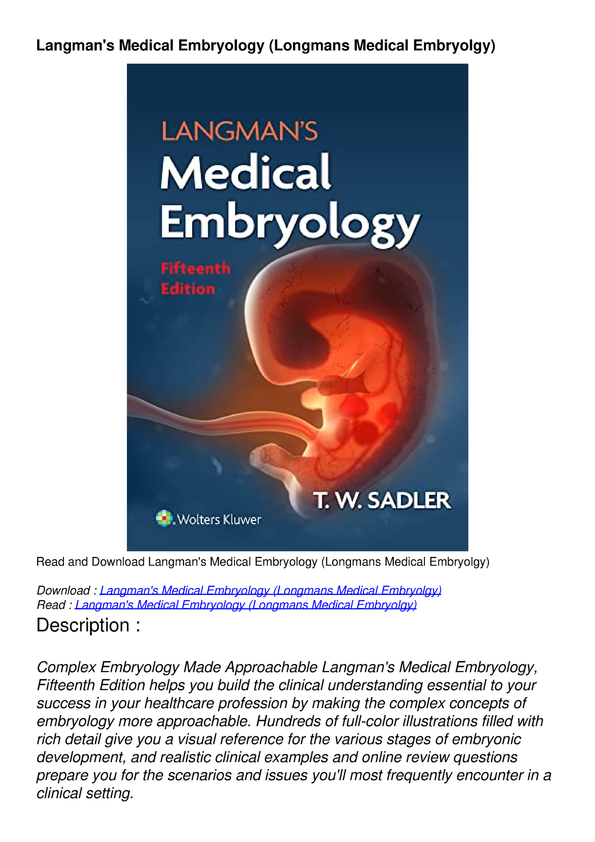 PDF/READ Langman's Medical Embryology (Longmans Medical Embryolgy ...