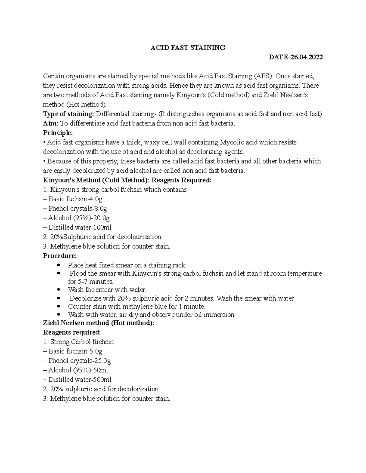 ACID FAST Staining Acid fast stainging ACID FAST STAINING DATE26