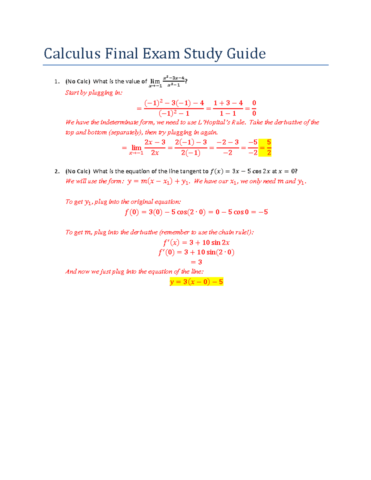 Calculus final exam study guide solutions - Calculus Final Exam Study ...