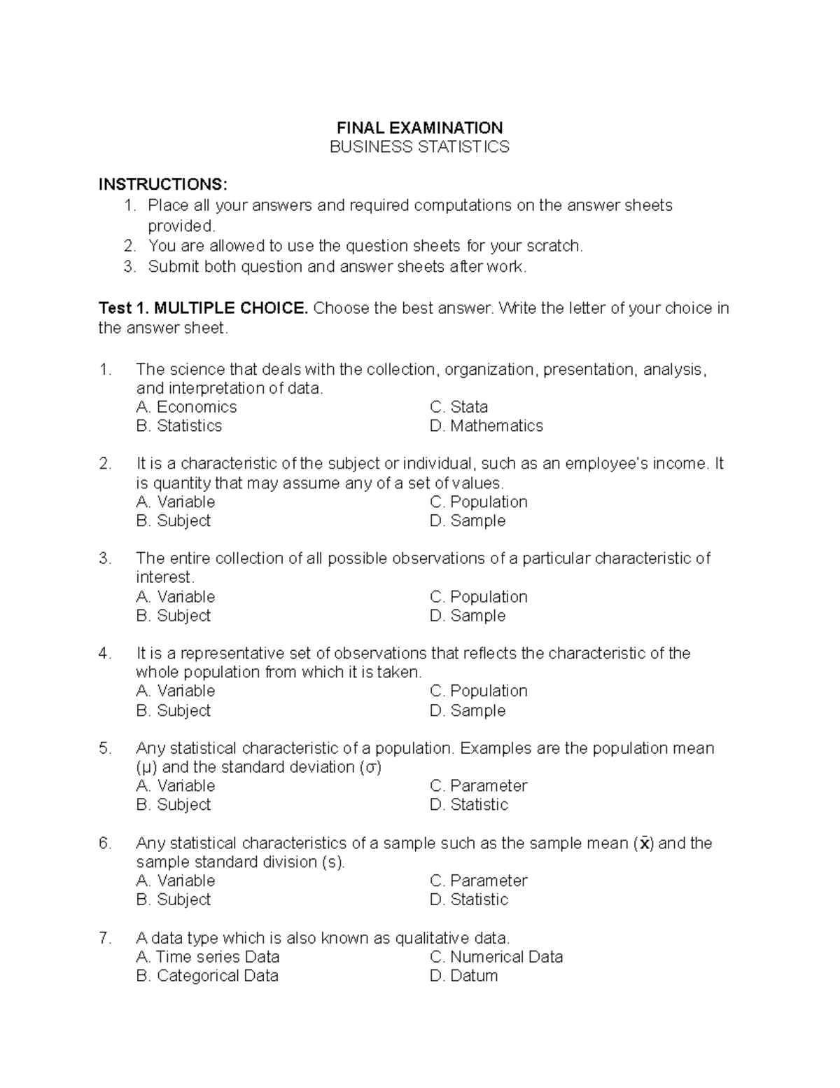 Final Exam In Business Statistics - FINAL EXAMINATION BUSINESS ...