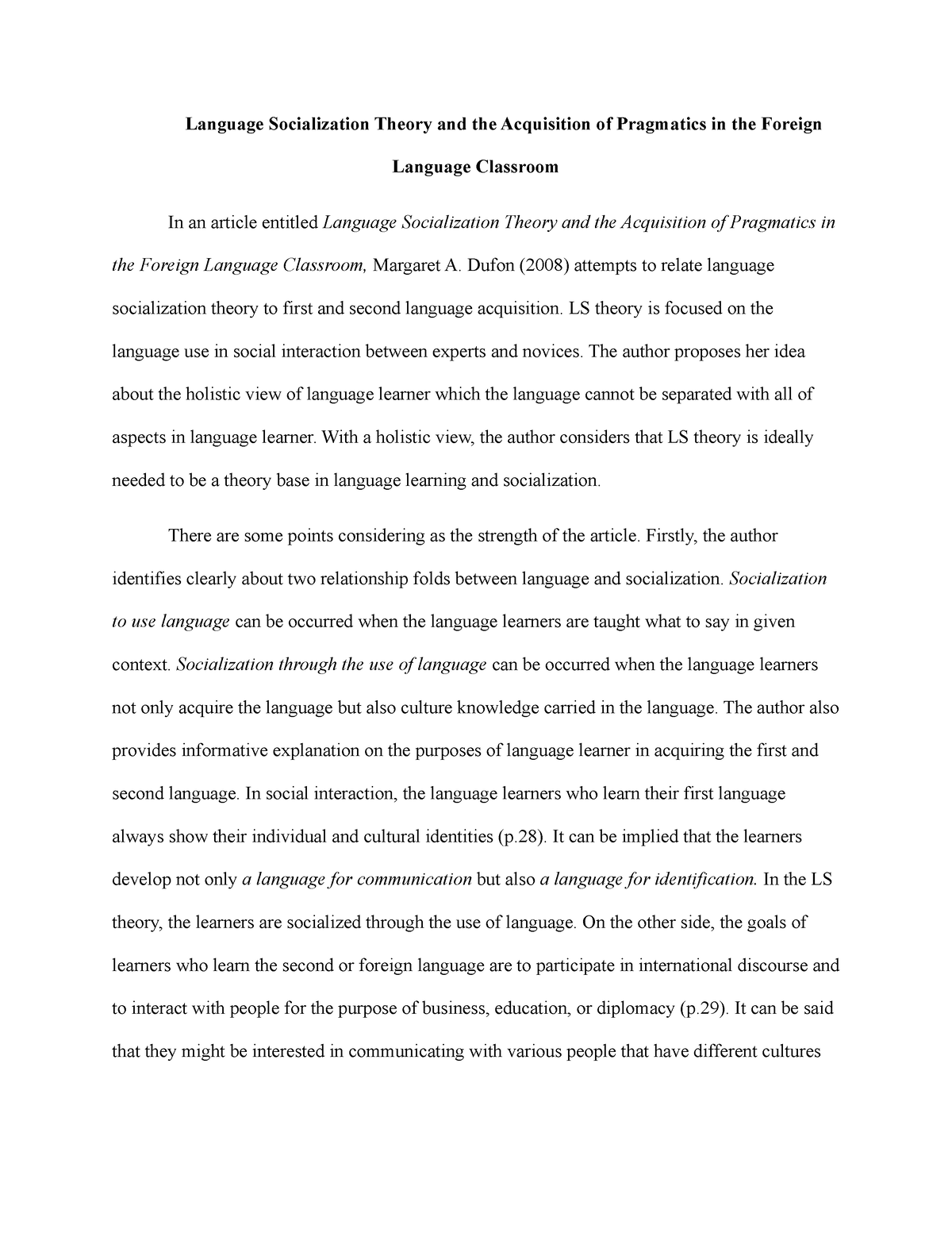 Language Socialization Theory and the Acquisition of Pragmatics in the ...