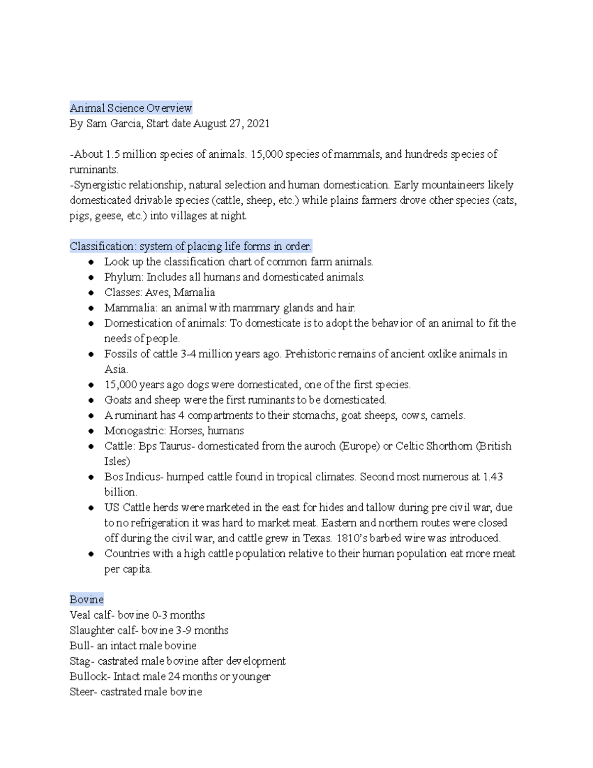 Animal Sciences Exam 1 - ACBS - Animal Science Overview By Sam Garcia ...