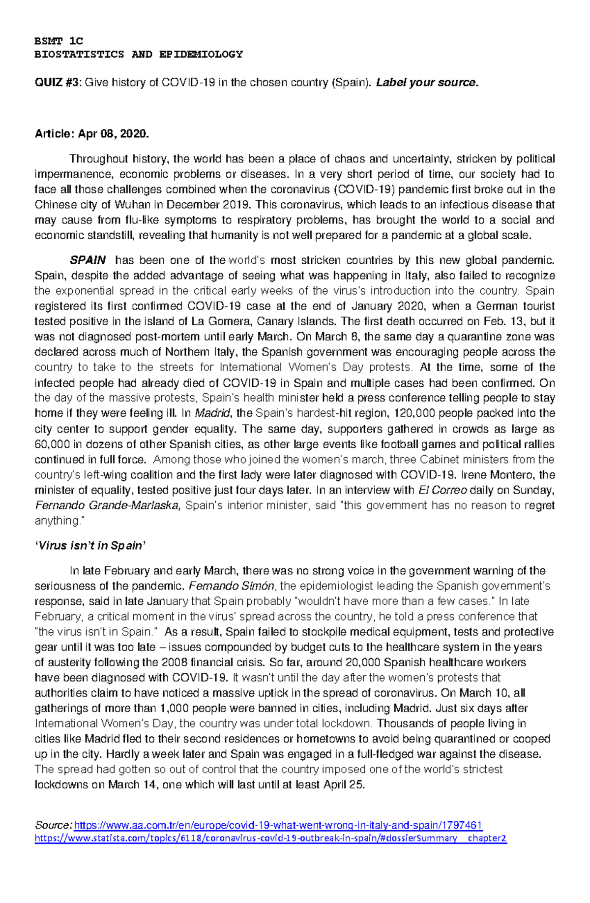 Biostatistics and Epidemiology Quiz 3 BSMT 1C BIOSTATISTICS AND EPIDEMIOLOGY QUIZ 3 Give