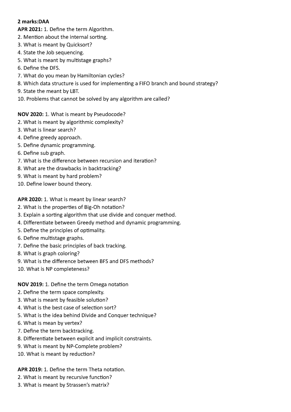 2 marks DAA - 2 marks:DAA APR 2021: 1. Define the term Algorithm. 2 ...