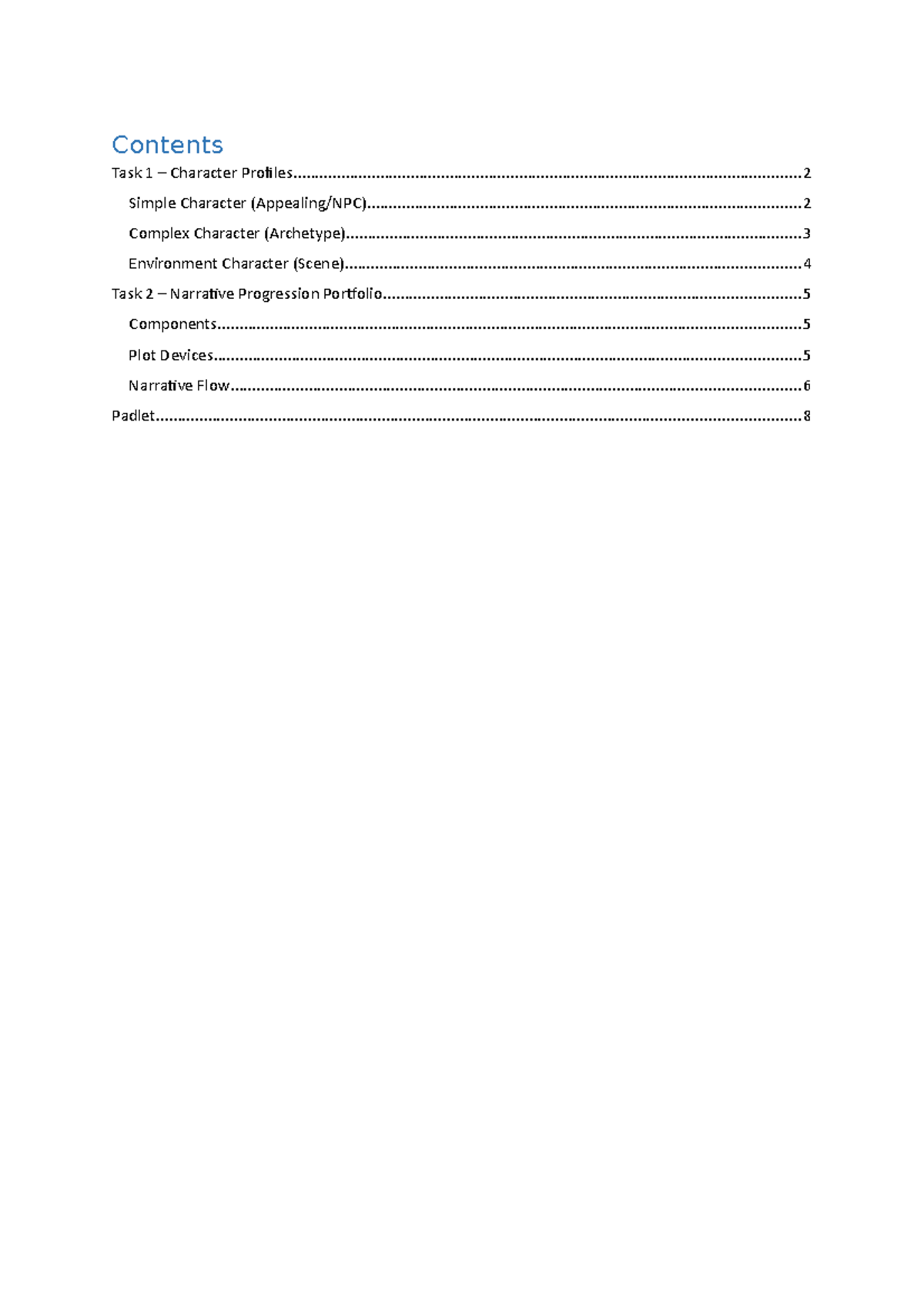 Character Profiles - A - Contents Task 1 – Character - Studocu