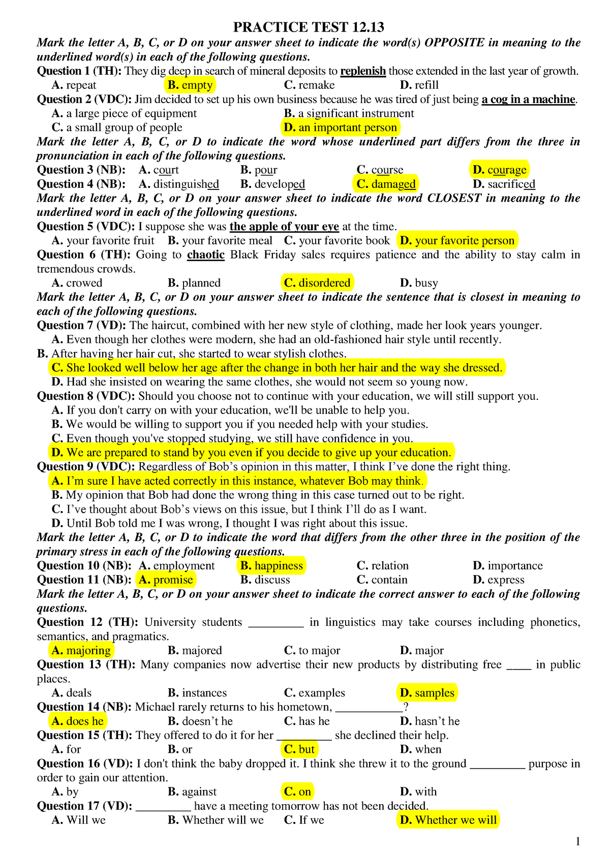 Practice English Materials - PRACTICE TEST 12. Mark The Letter A, B, C ...