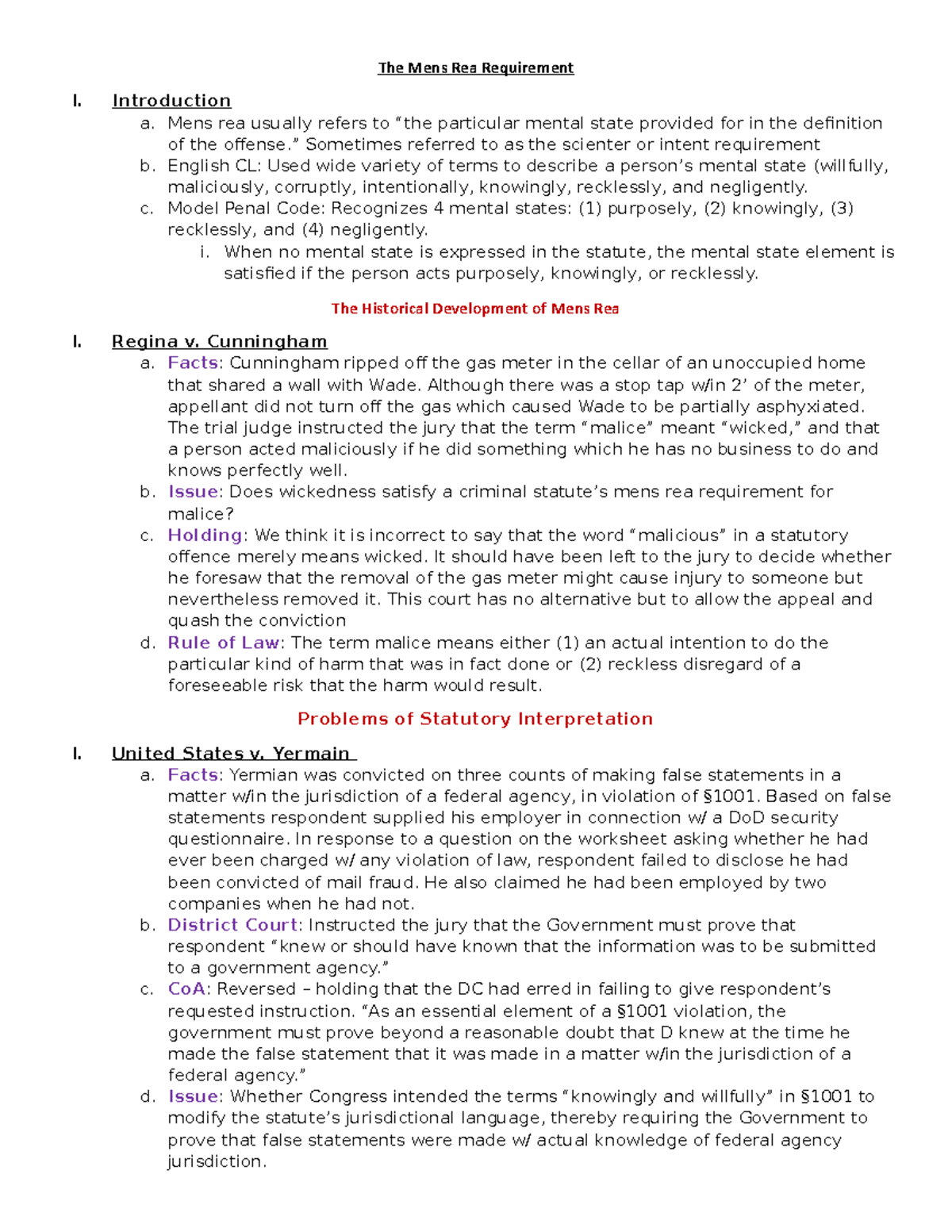Class 6 - The Mens Rea Requirement - The Mens Rea Requirement I ...