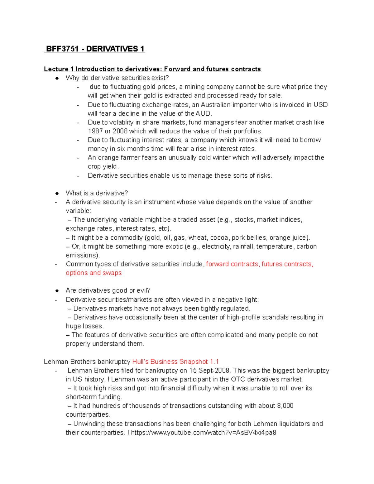 BFF3751 lecture notes - BFF3751 - DERIVATIVES 1 Lecture 1 Introduction ...
