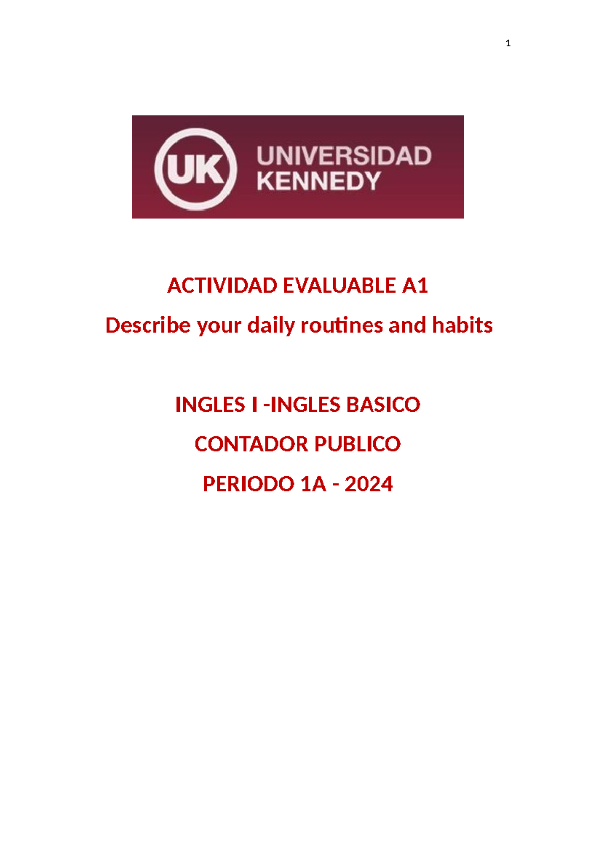 Actividad Evaluable A1- Ingles Basico 2024 - Inglés Básico - 1 ...