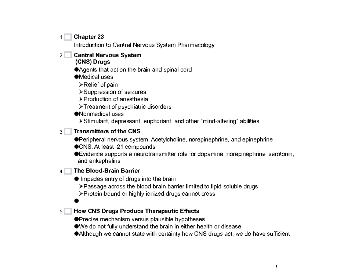 CNS pharm introduction - 1 Chapter 23 Introduction to Central Nervous ...