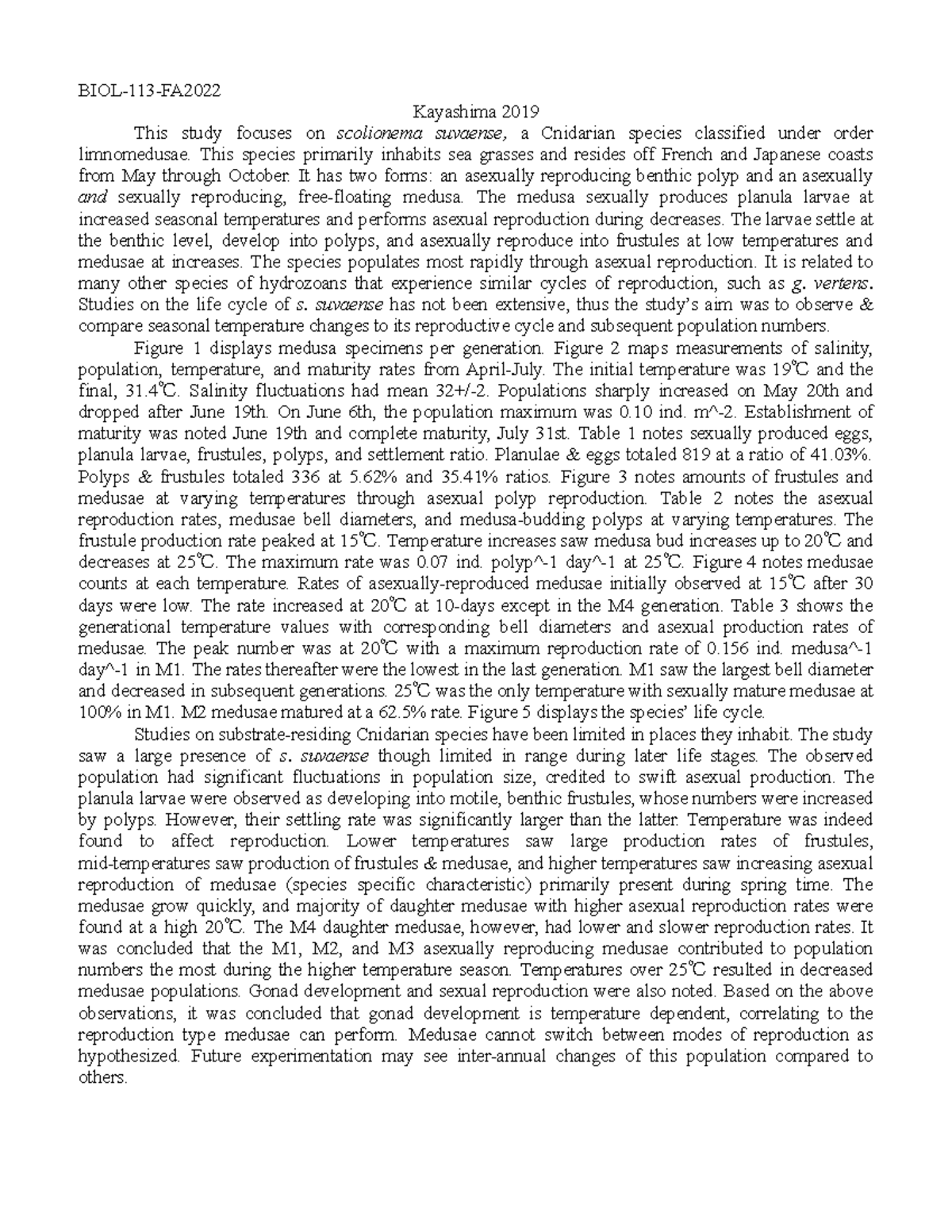 BIOL113 EXC Essay #4 - Summary On A Lab Report Detailing The Clinging ...