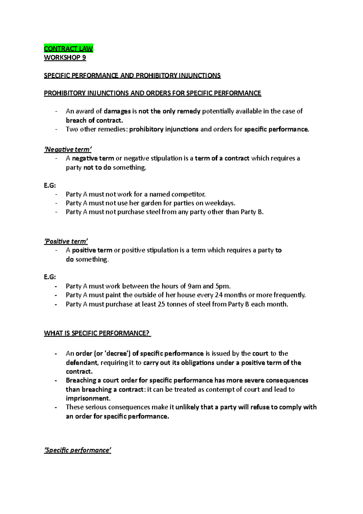 Specific Performance AND Prohibitory Injunctions - CONTRACT LAW ...