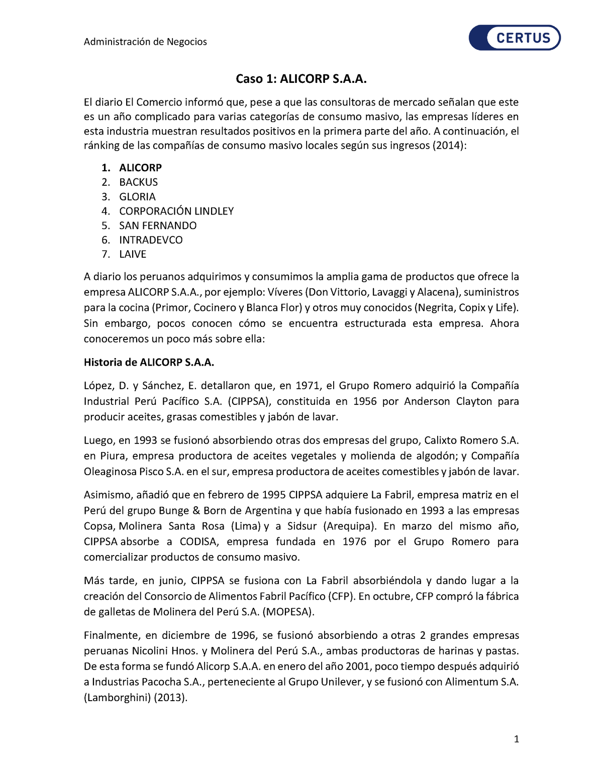 Actividad 1 - Caso Alicorp - Caso 1: ALICORP S.A. El Diario El Comercio ...