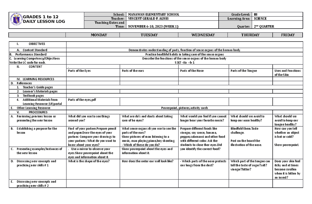 DLL Science 3 Q2 W1 - NONE - GRADES 1 to 12 DAILY LESSON LOG School ...