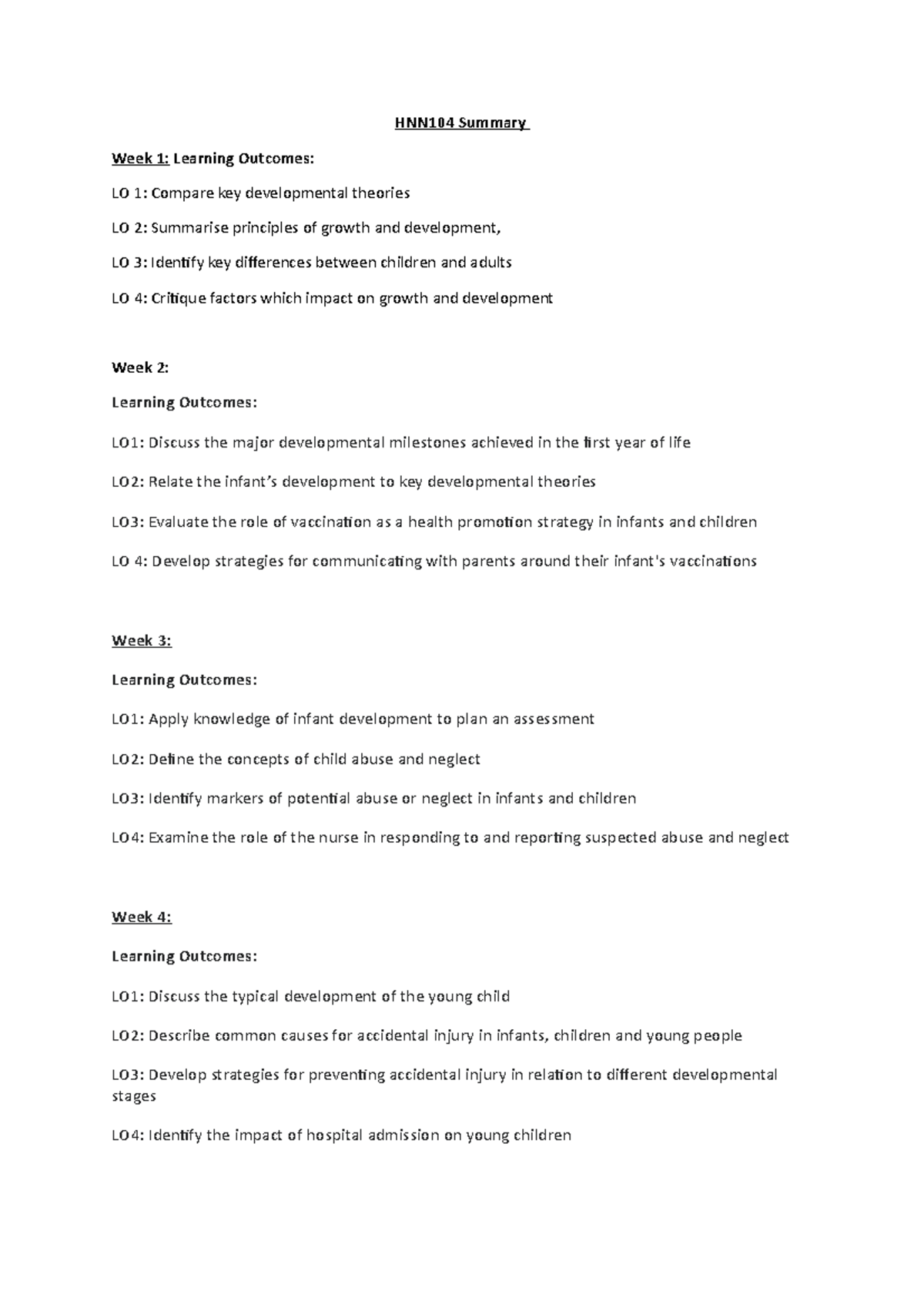 HNN104 Summary of Notes - HNN104 Summary Week 1: Learning Outcomes: LO ...