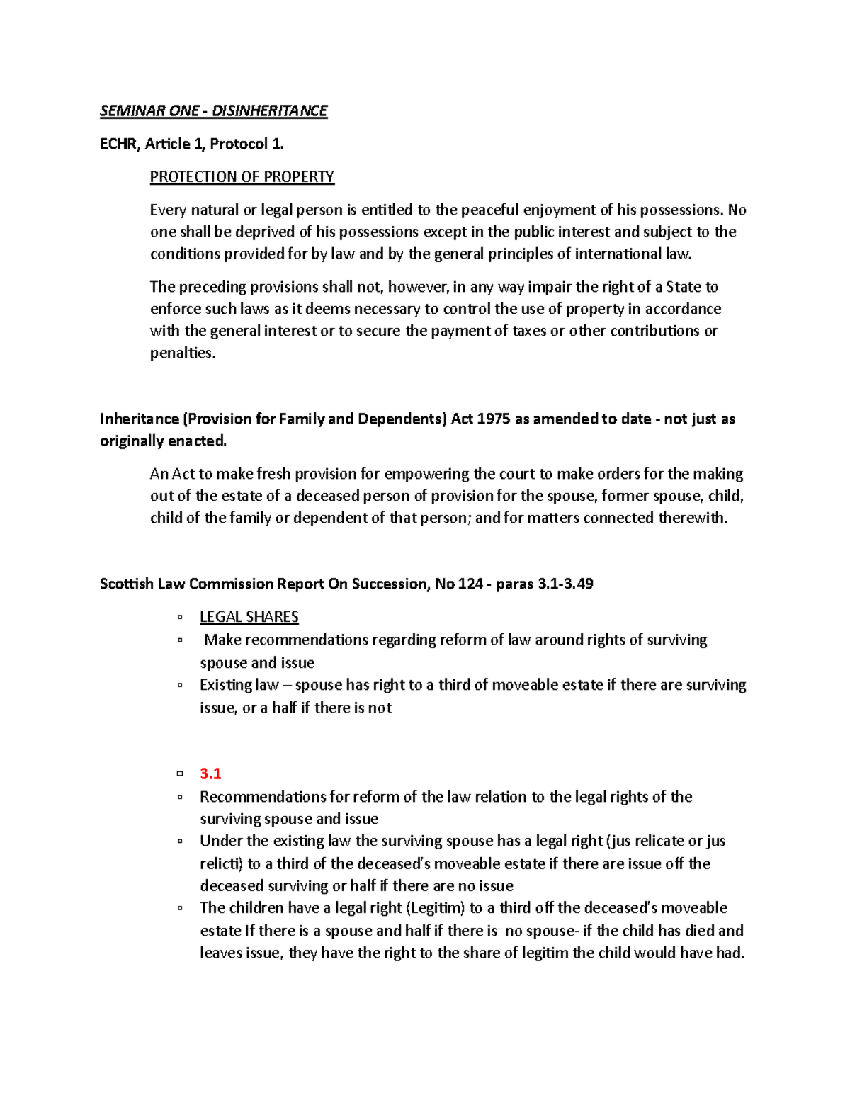 LS4031 - Seminar 1 - SEMINAR ONE - DISINHERITANCE ECHR, Article 1 ...