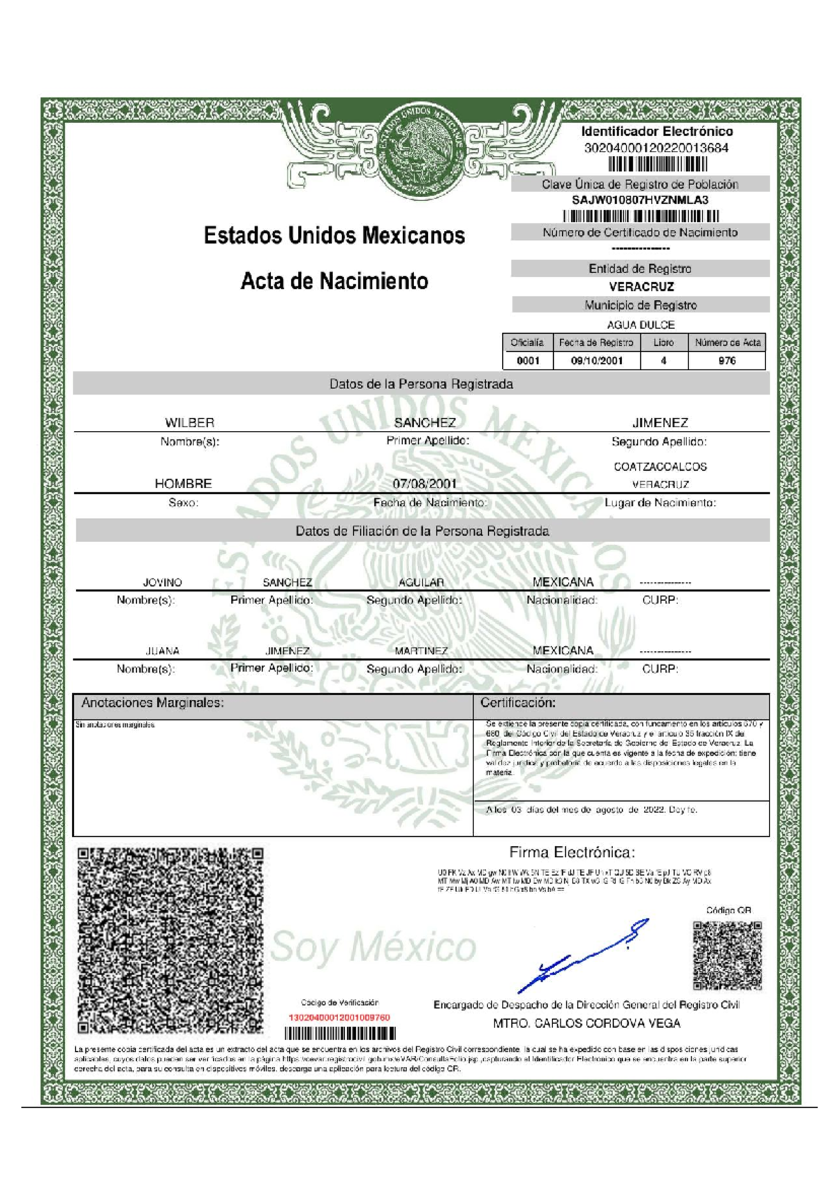 Acta Quinta - Biologia - Identificador Electrónico G Clave Única De 