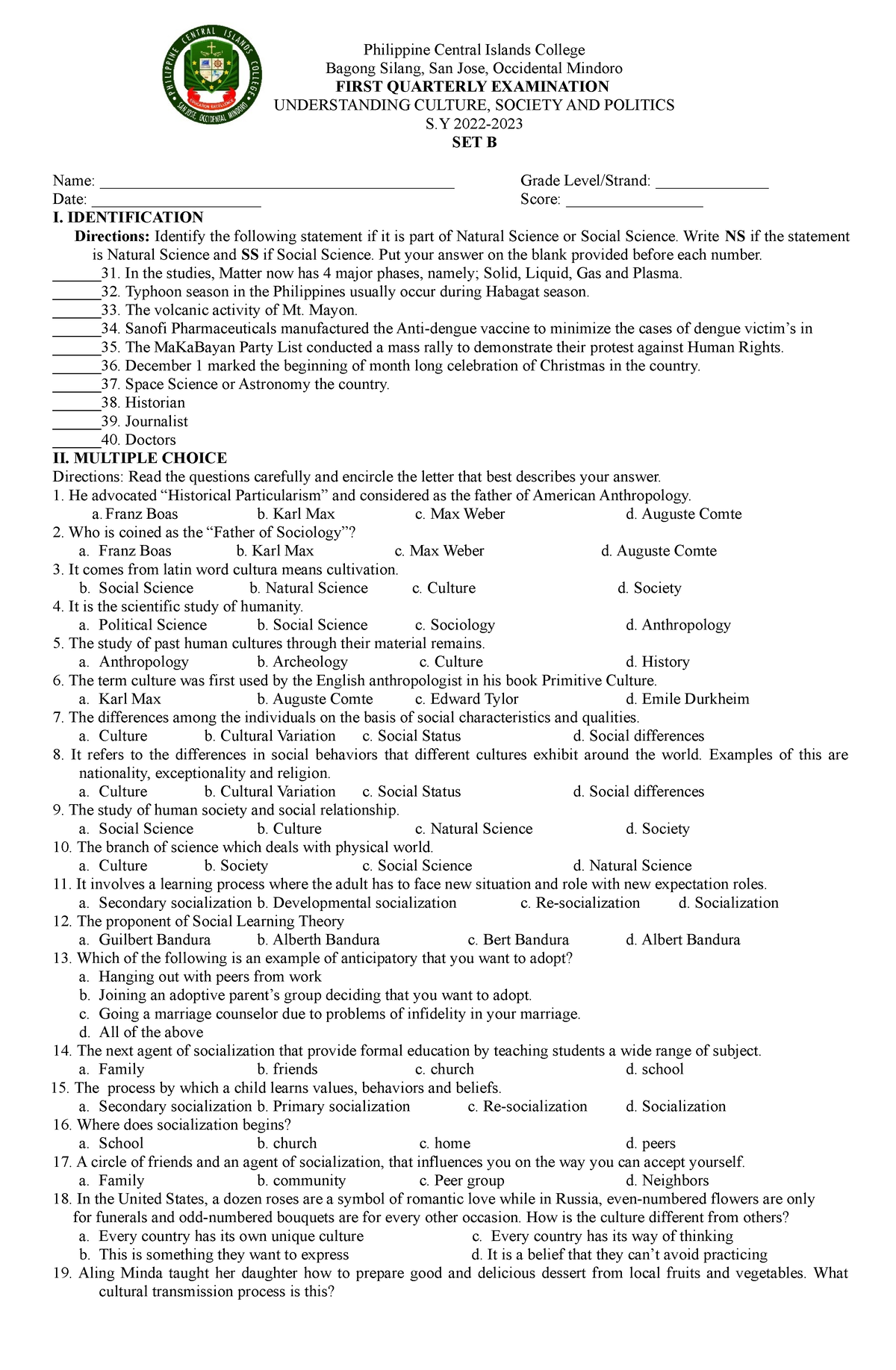 Q1 UCSP EXAM - Set B - UCSP - Philippine Central Islands College Bagong ...