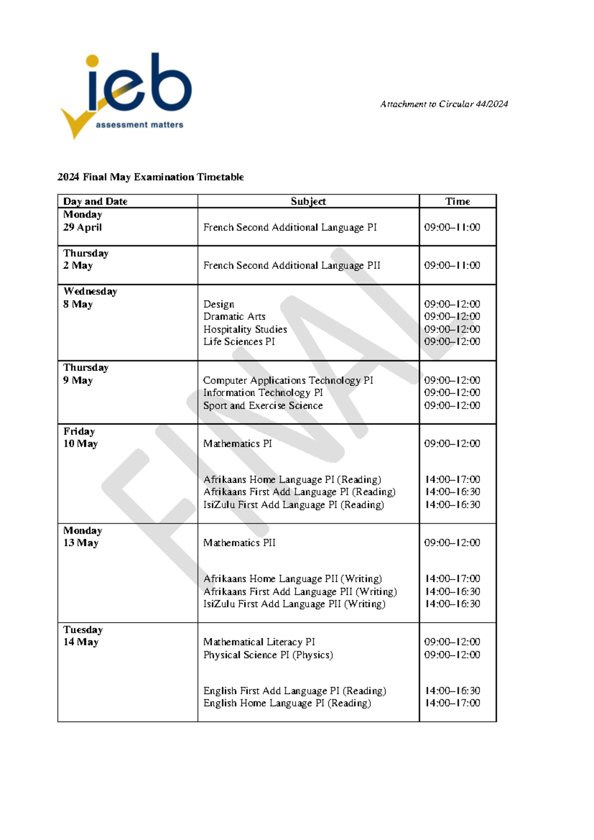 NSC Attachment Final Timetable May Examination 2024 Attachment to