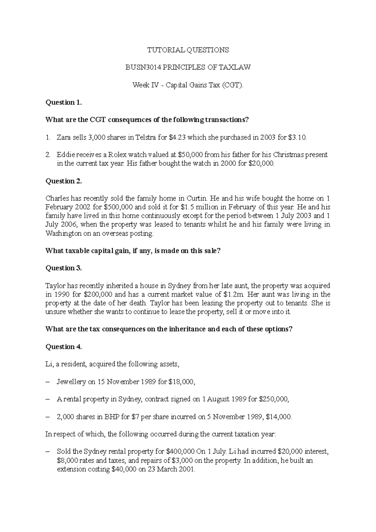Tutorial Questions Busn3014 Principles Of Tax Law Week Iv Capital Tutorial Questions Busn3014 Principles Of Tax Law Week Iv Capital