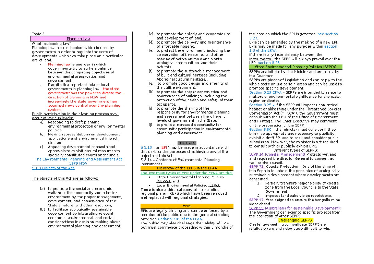 Environmental Law Summaries Topic 3 Planning Law What is planning law