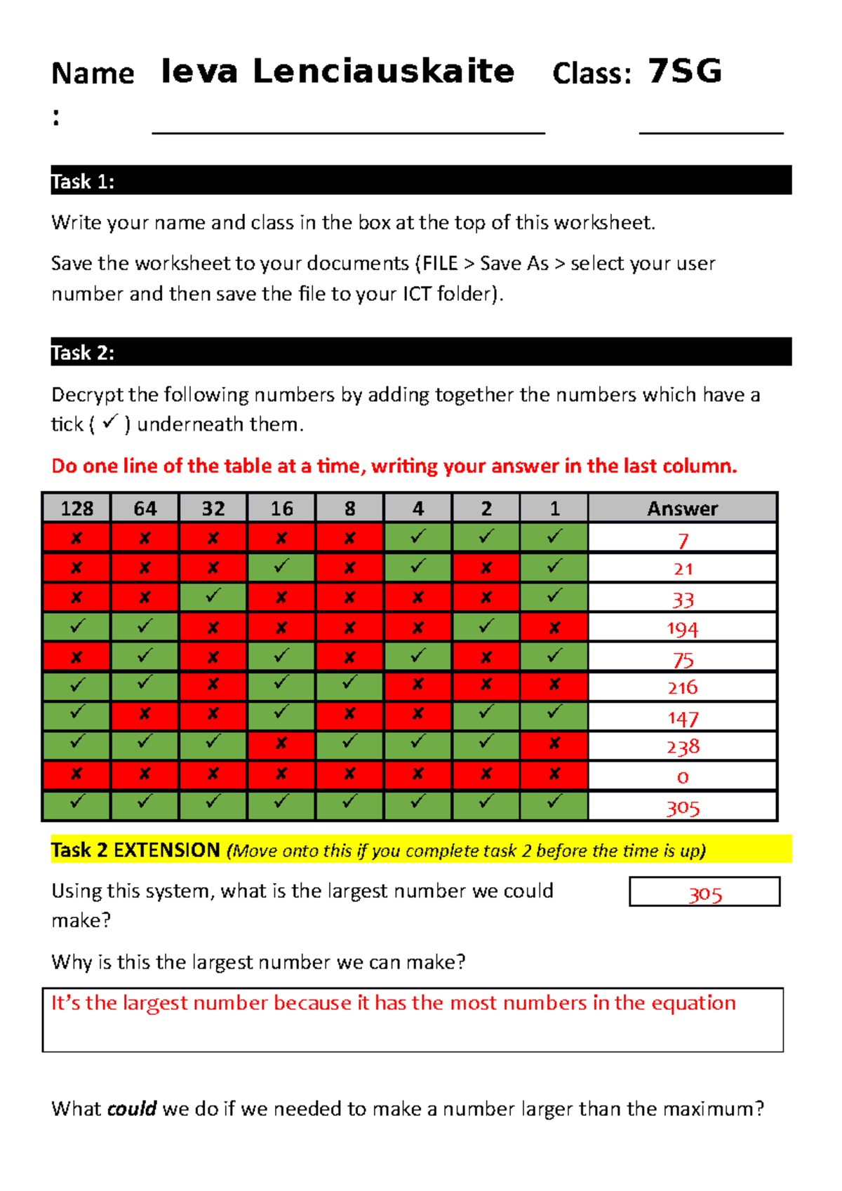 Binary 1 Worksheet - TGFRDSA - Name : Ieva Lenciauskaite Class: 7SG ...