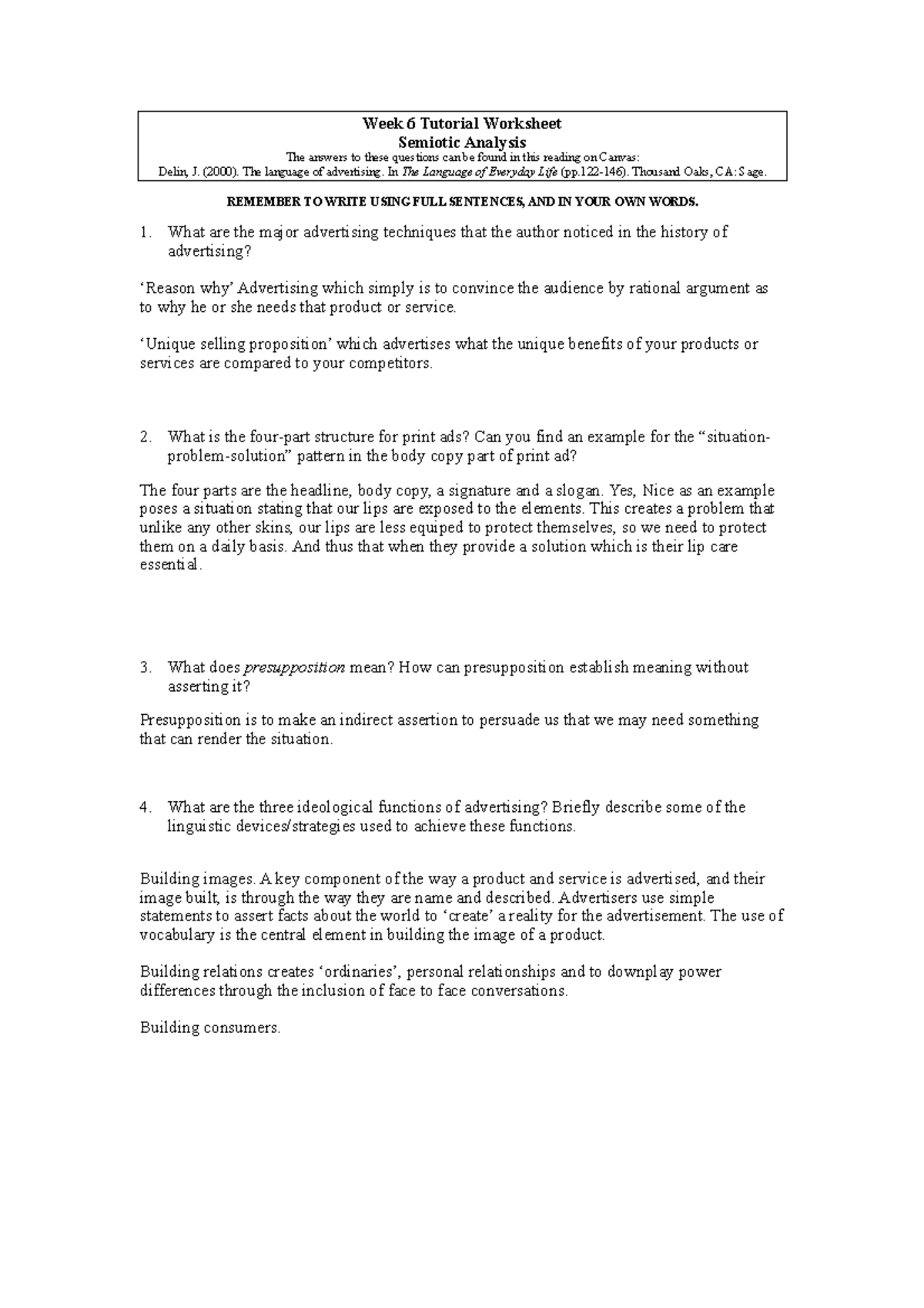 Comms 104 Week 6 Class Tutorial Semester 2 Week 6 Tutorial Worksheet