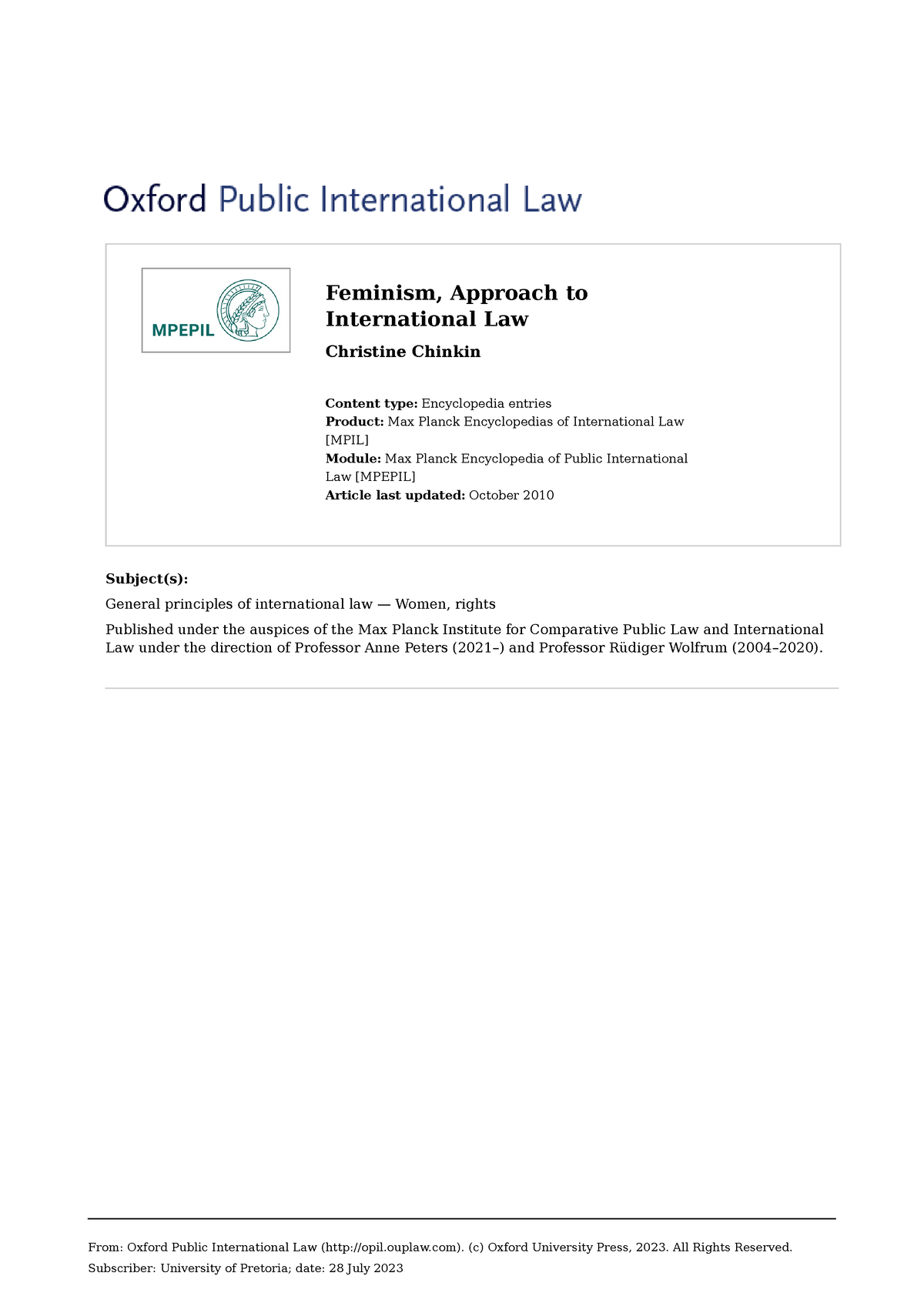 Feminist Approaches To International Law - From: Oxford Public ...