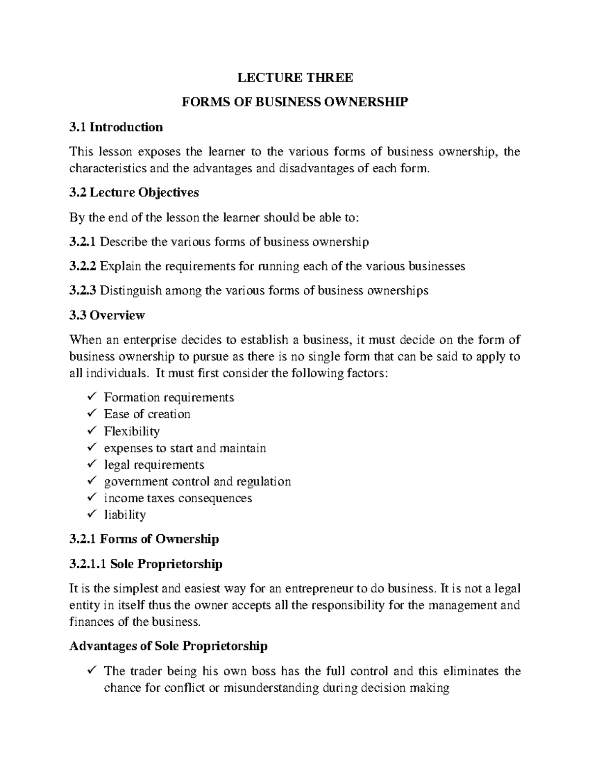 Forms OF Business Ownership LECTURE THREE FORMS OF BUSINESS OWNERSHIP