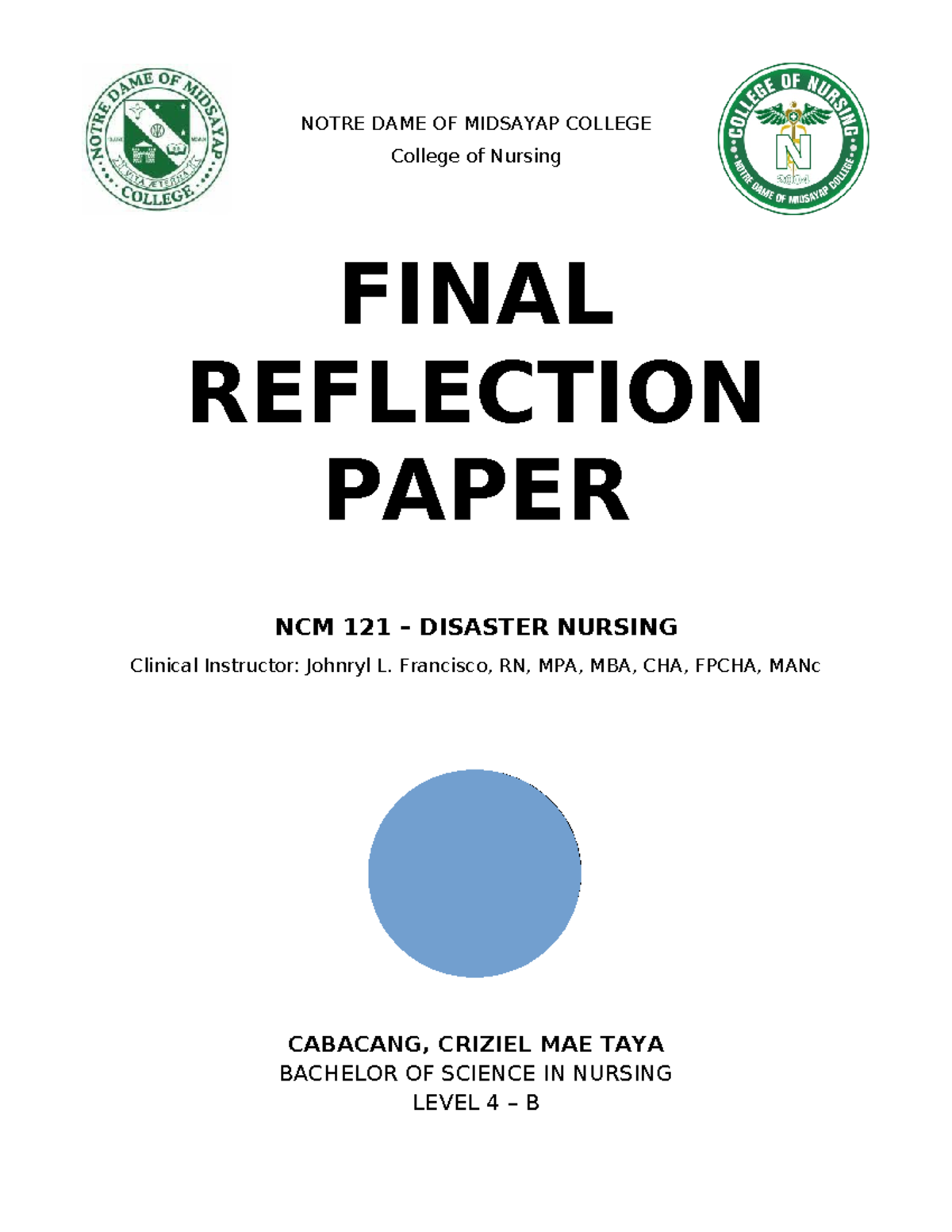 Cabacang Final Reflection Paper - NOTRE DAME OF MIDSAYAP COLLEGE ...