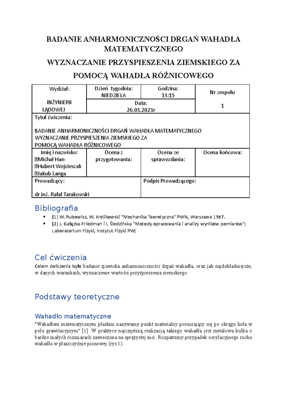 Wahadło - Obliczenia wahadła matematycznego - BADANIE ANHARMONICZNOŚCI