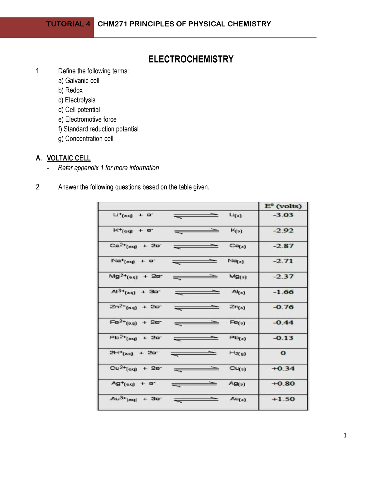 CHM271 - Tutorial 4 - Electrochemistry - ELECTROCHEMISTRY Define The ...