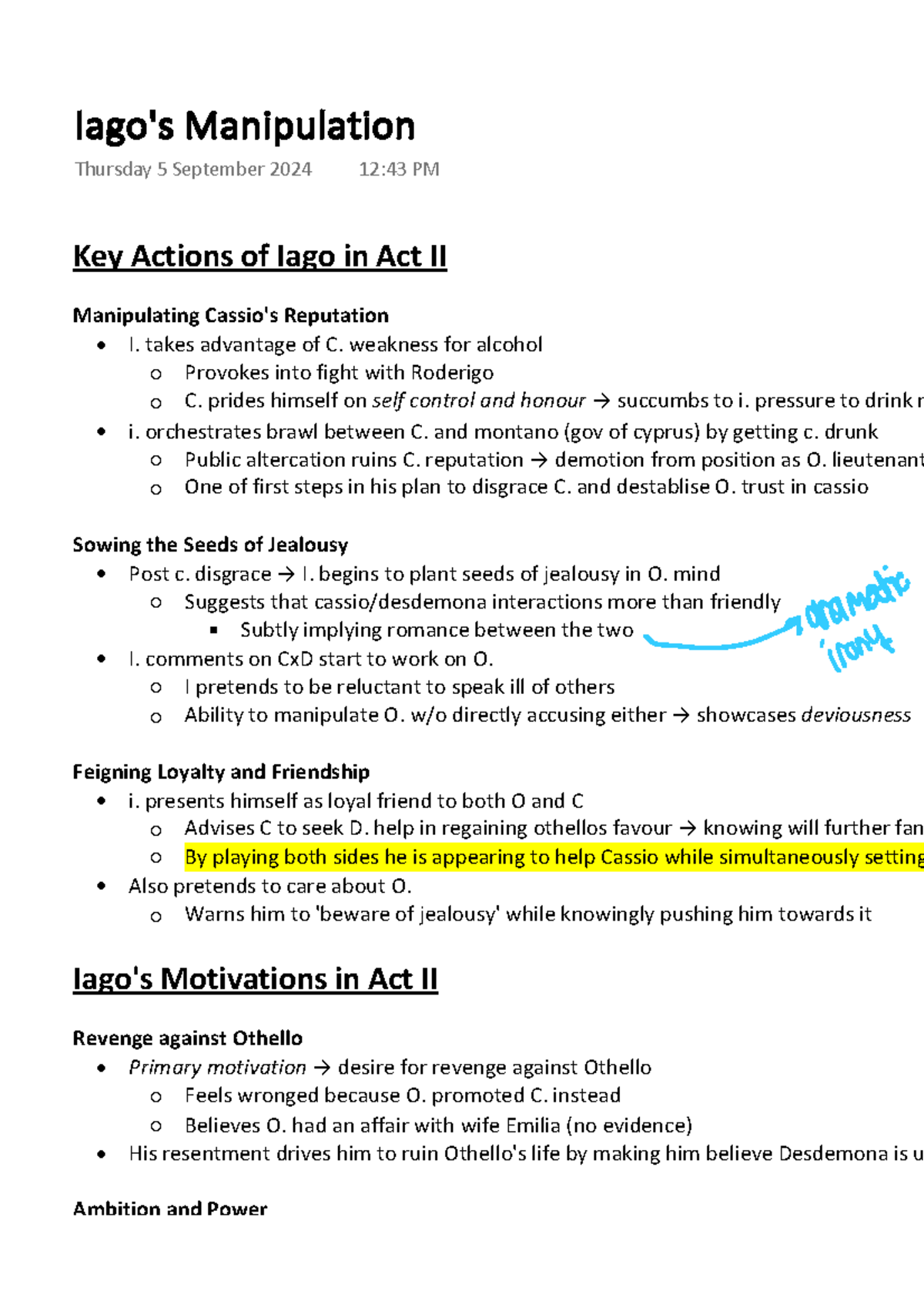 Iago's Manipulation - Key Actions of Iago in Act II Manipulating Cassio ...