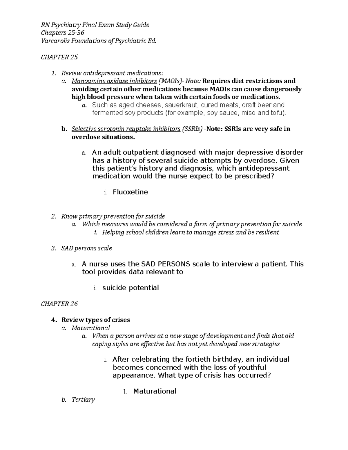 Mental Health Final Study Guide - Chapters 25- Varcarolis Foundations ...