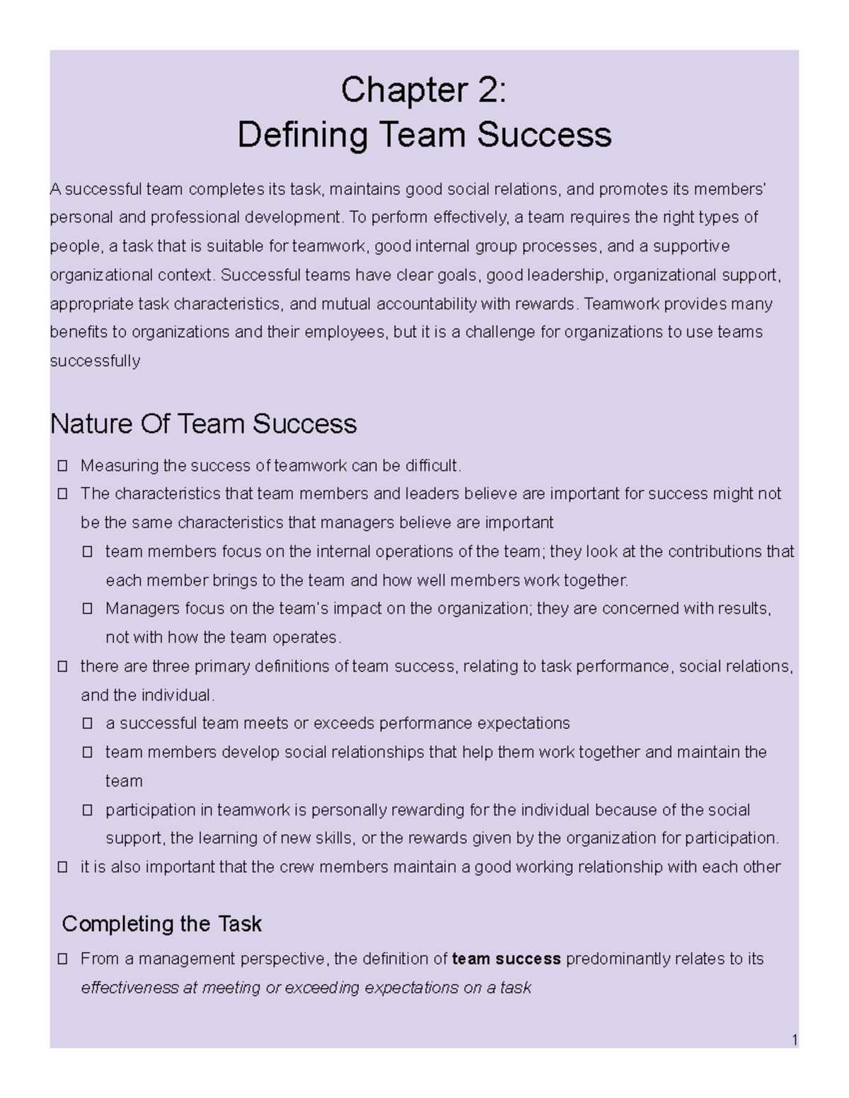 Chapter 2 Defining Team Success - To perform effectively, a team