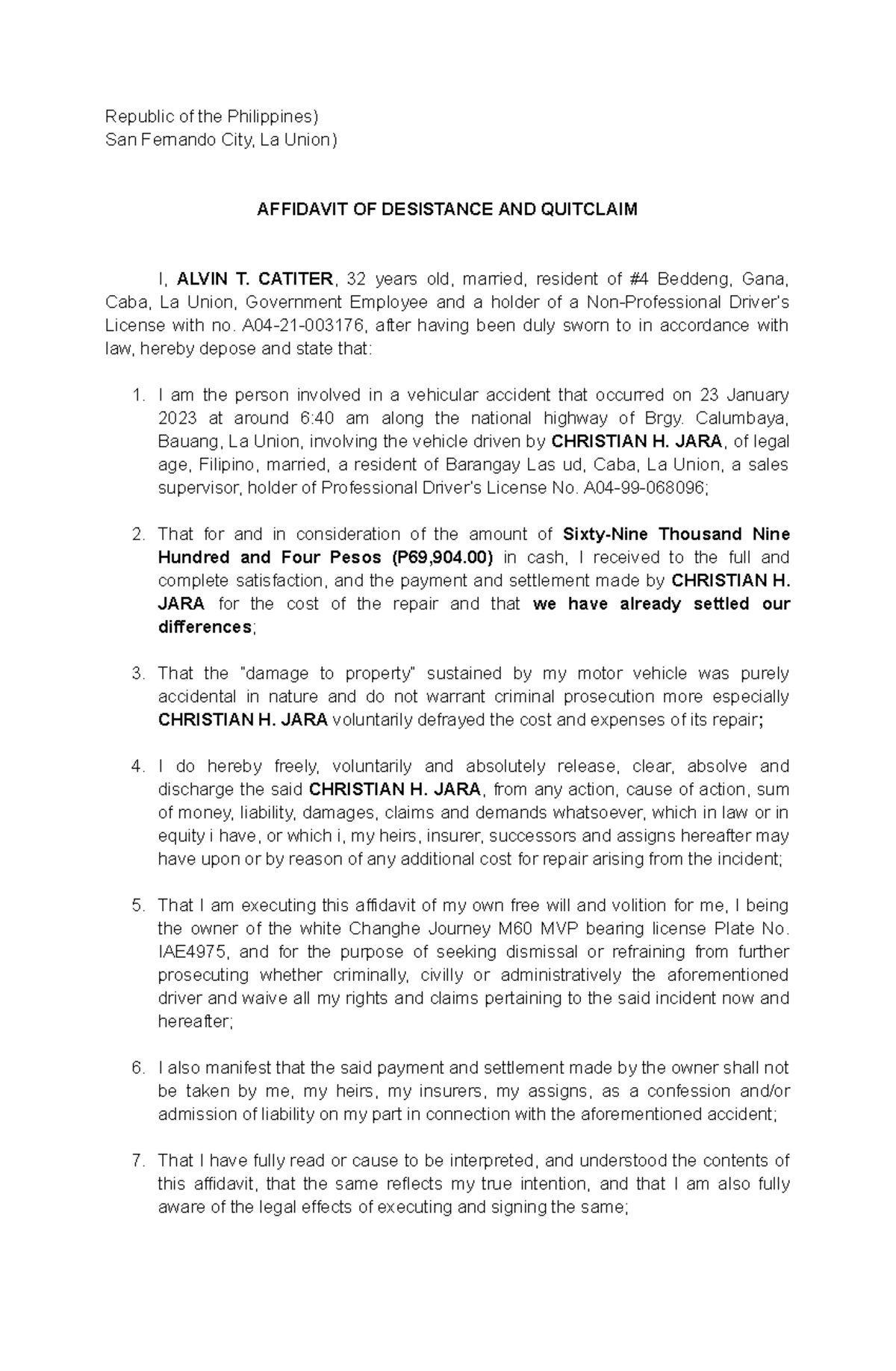Affidavit - Practice document - Republic of the Philippines) San ...