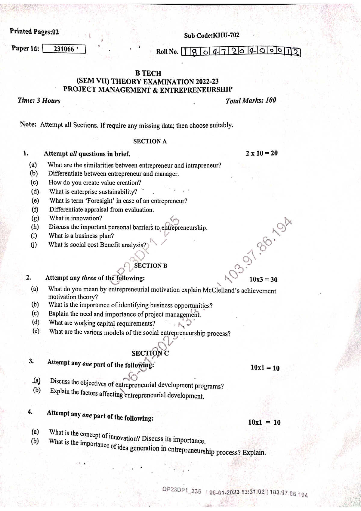 PME(KHU702) /Question paper - Project management and entrepreneurship ...