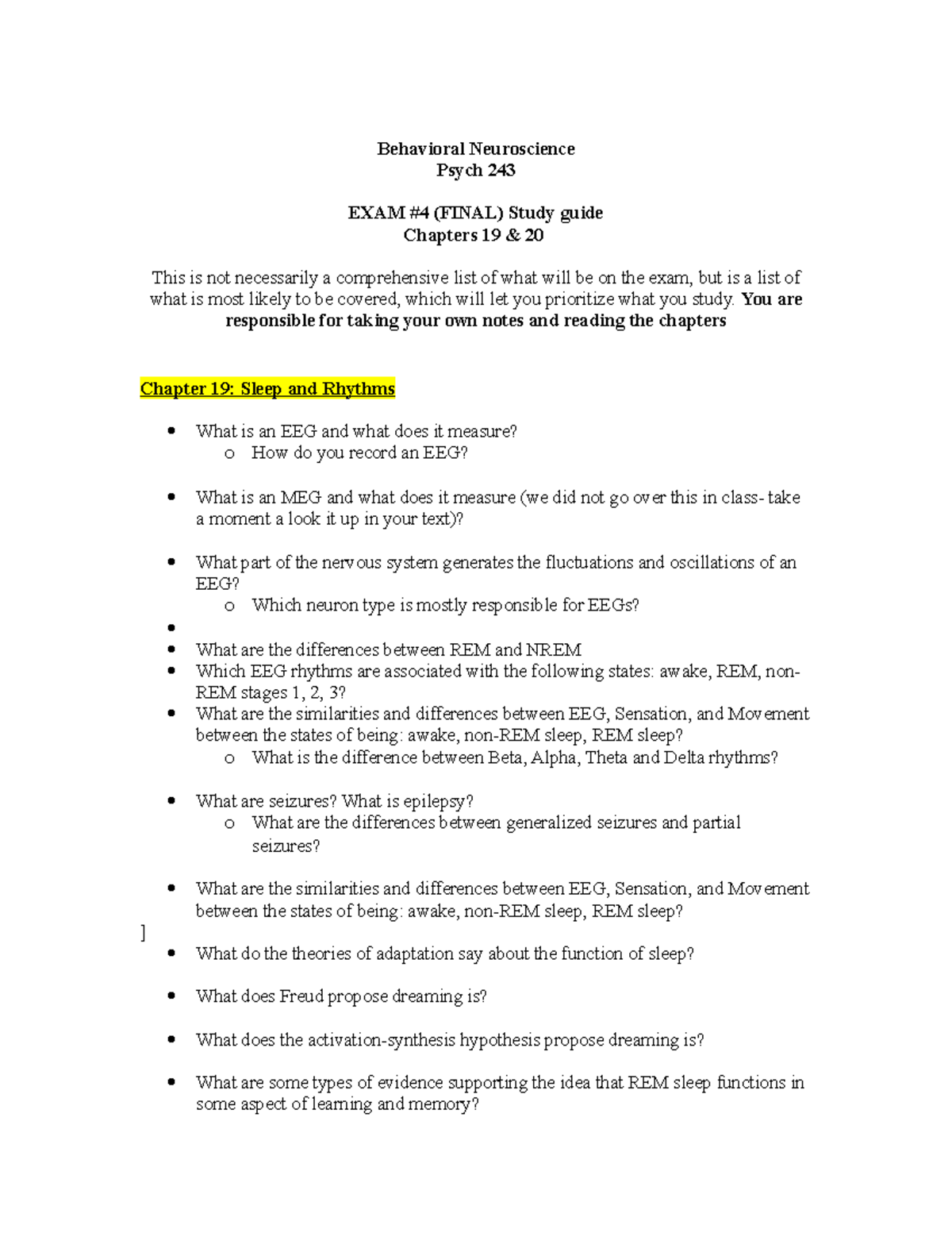 Behavioral Neuroscience Study Guide Final S2020 - Behavioral ...