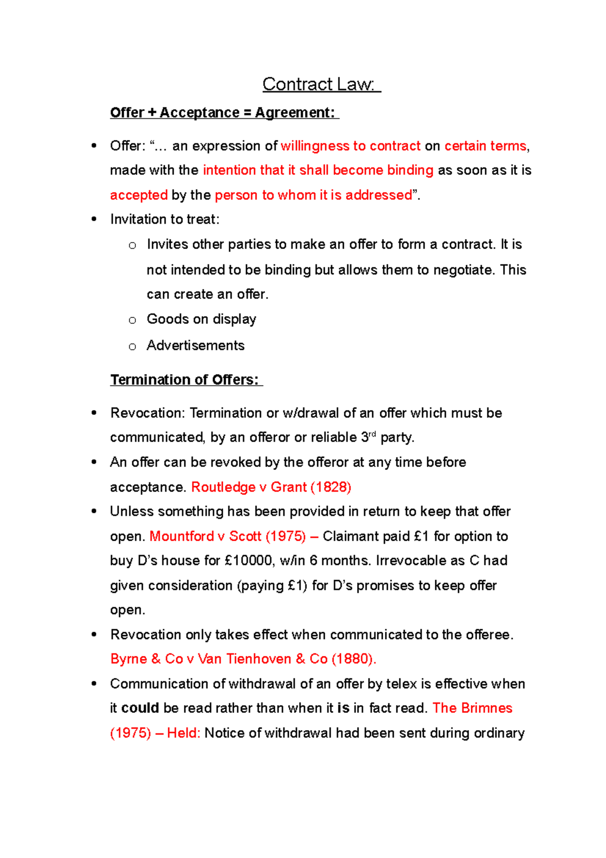 Contract Law revision 1 - Contract Law: Offer + Acceptance = Agreement ...