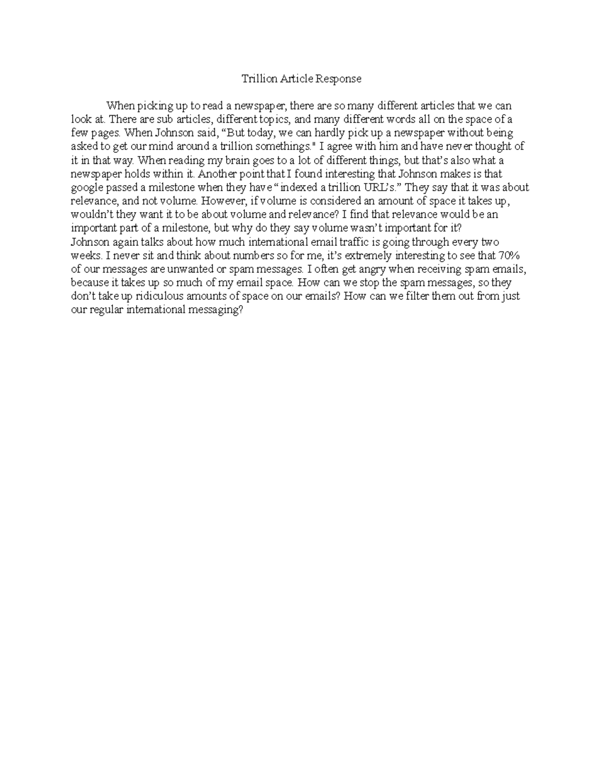 Trillion Article Response - There are sub articles, different topics ...