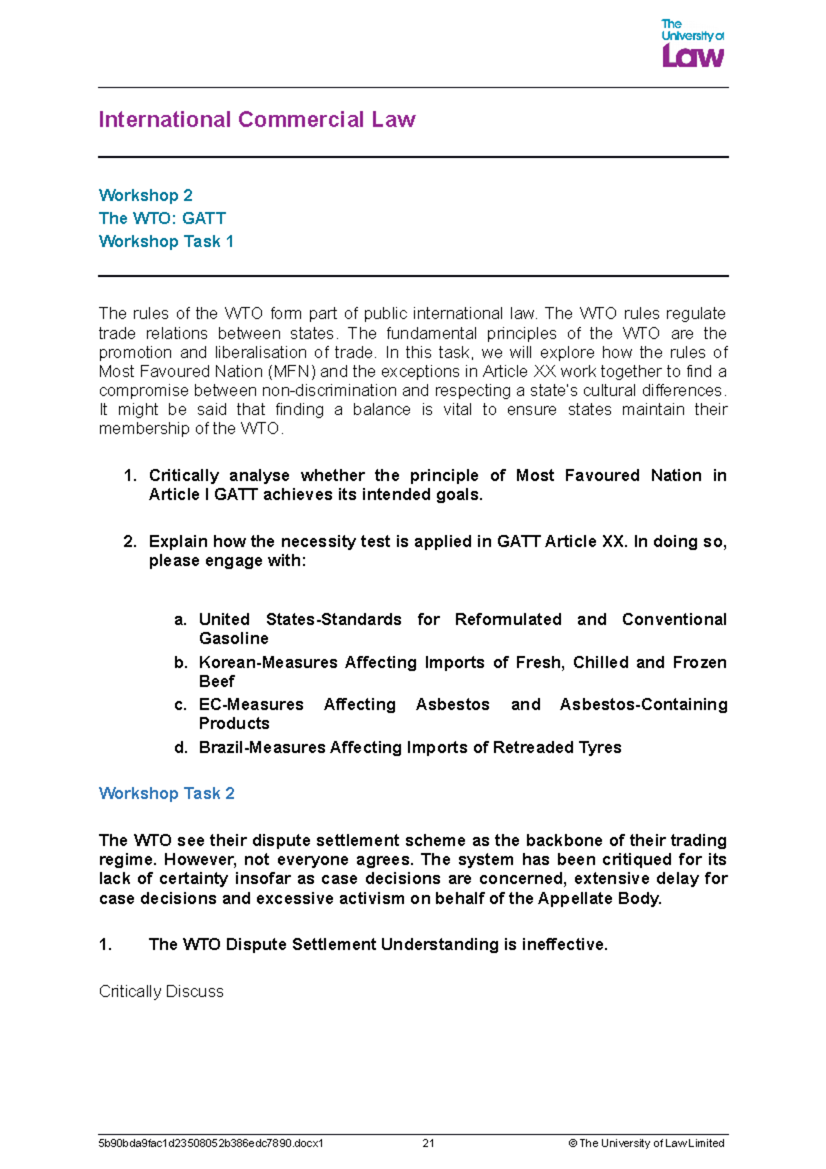 Commercial Law WS2 - International Commercial Law Workshop 2 The WTO ...