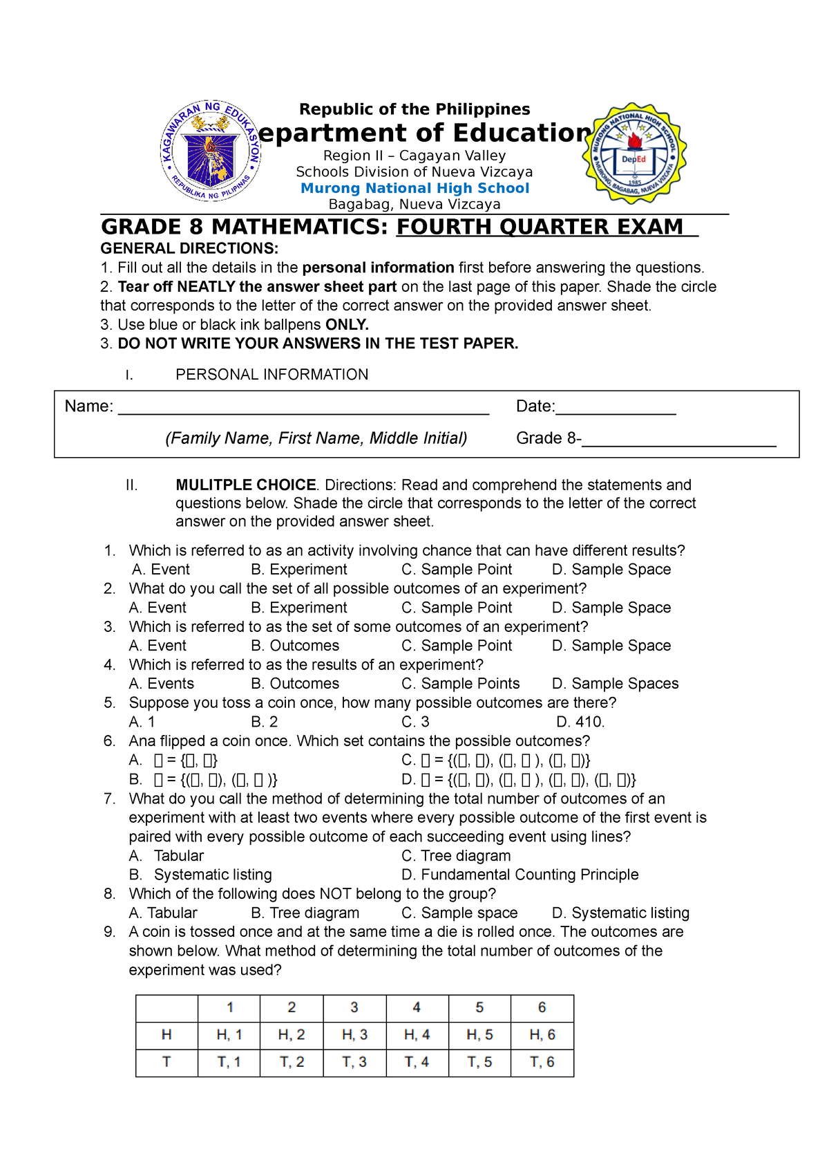 MATH 8 Fourth Quarter EXAM Republic of the Philippines Department of