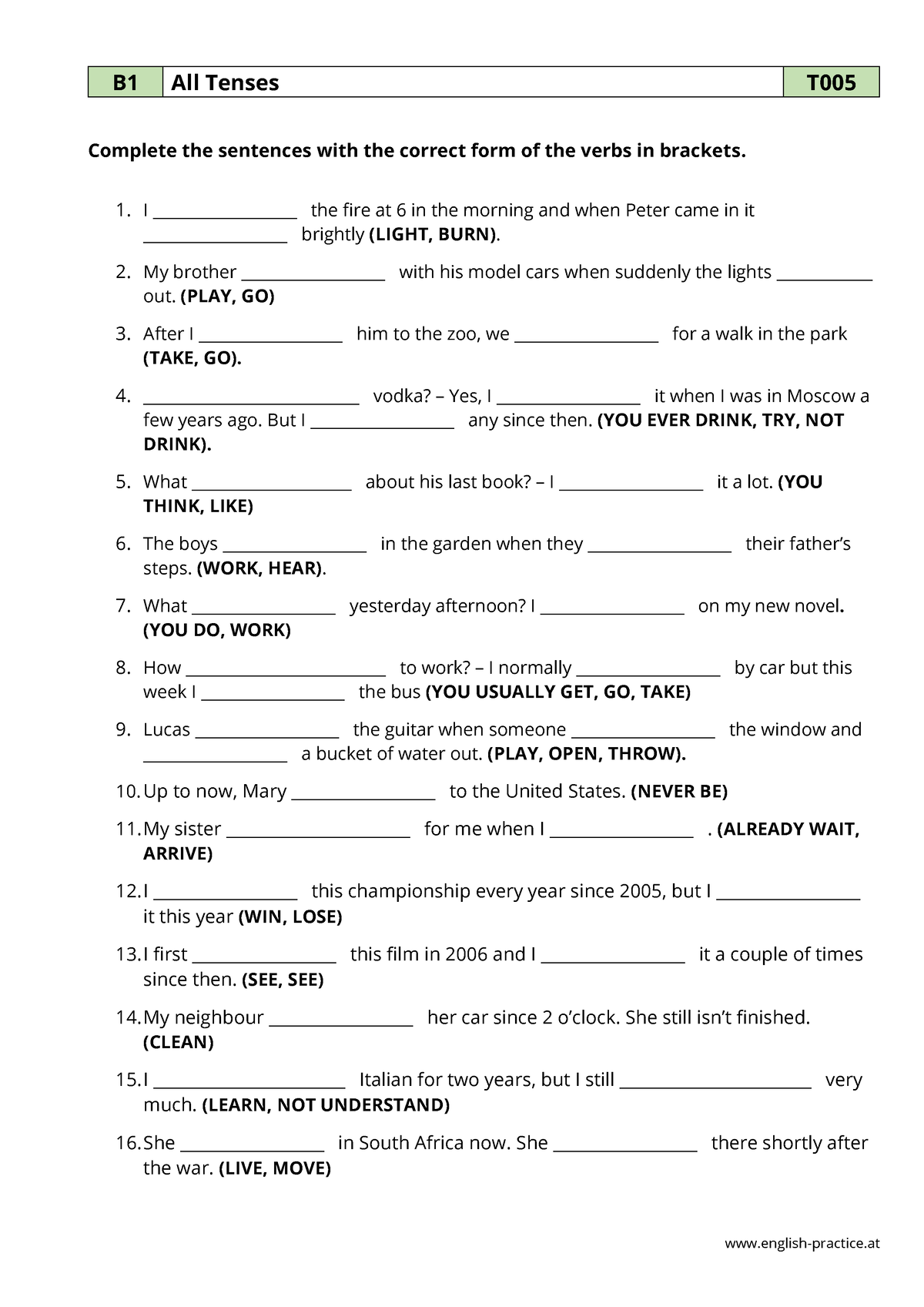 Tenses Worksheet 1 Notes English practice B1 All Tenses T Complete 