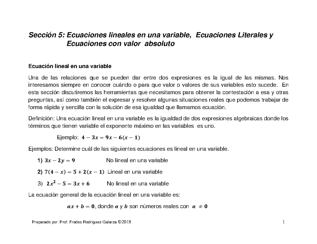 5 Ecuaciones Lineales En Una Variable Ecuaciones Literales Nos