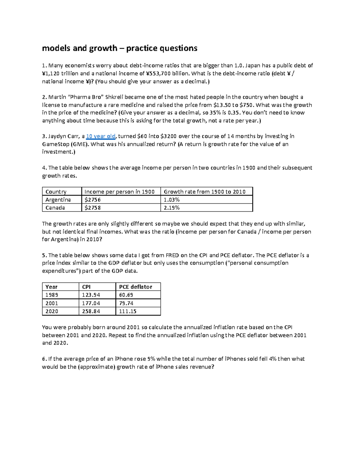Models and growth - practice questions - models and growth – practice ...