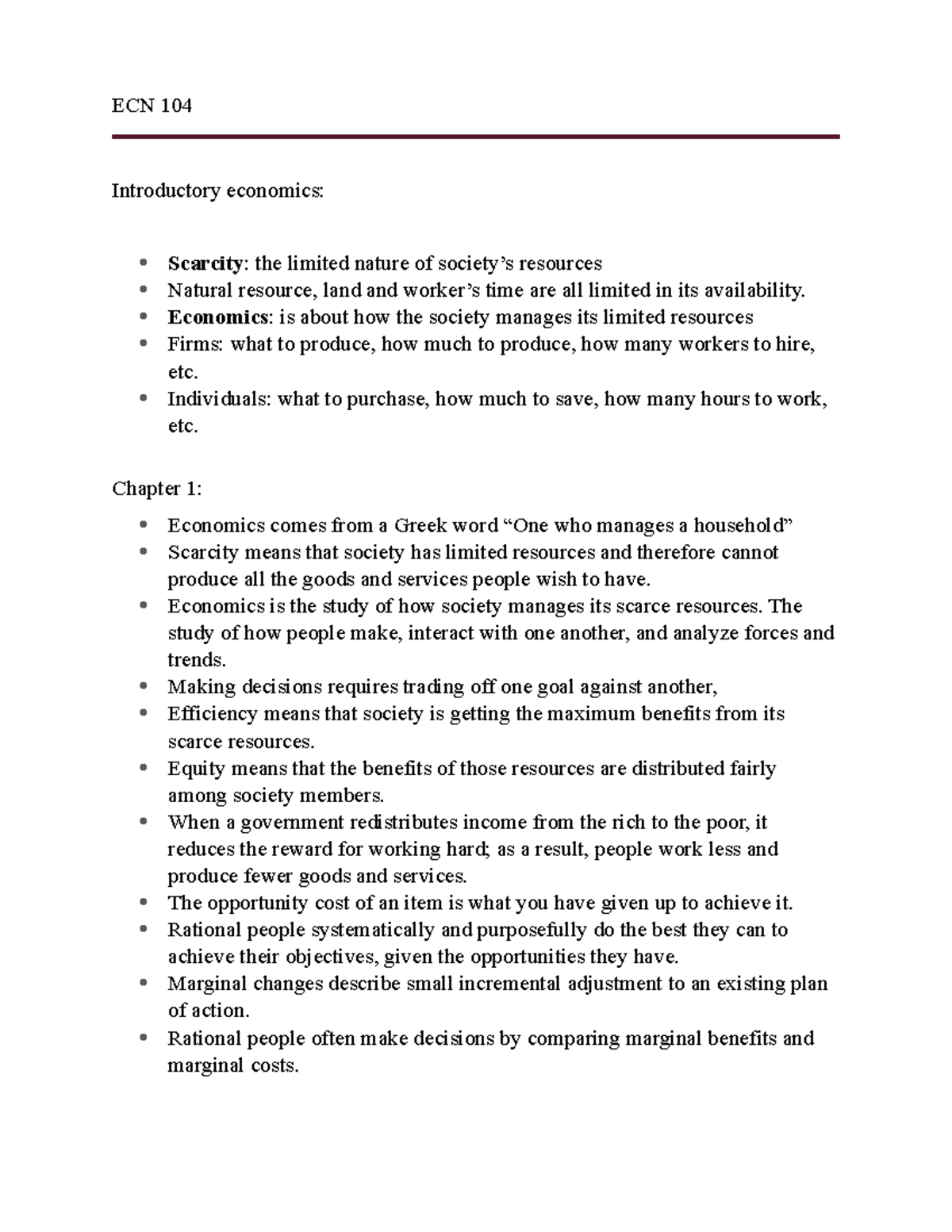 ECN 104 Notes - Final Exam - ECN 104 Introductory economics: Scarcity ...