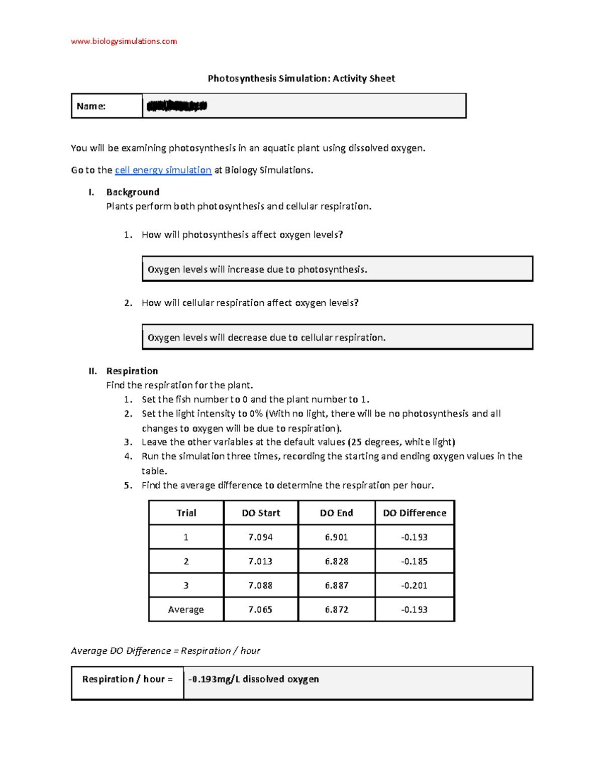 Photosynthesis Simulation activity sheet - Photosynthesis Simulation ...