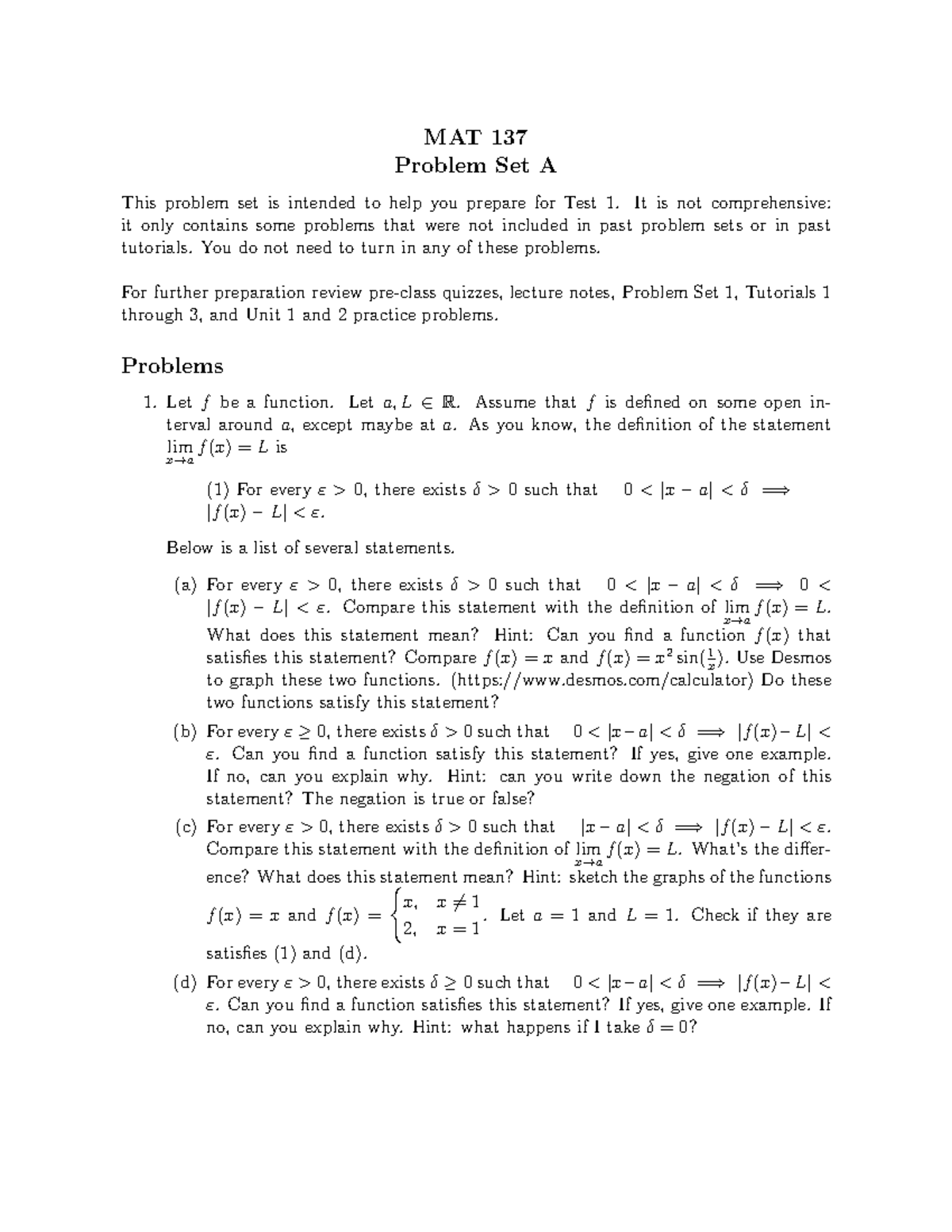 137 2425 PSA - Practice for unit 1 and 2 for midt term - MAT 137 ...