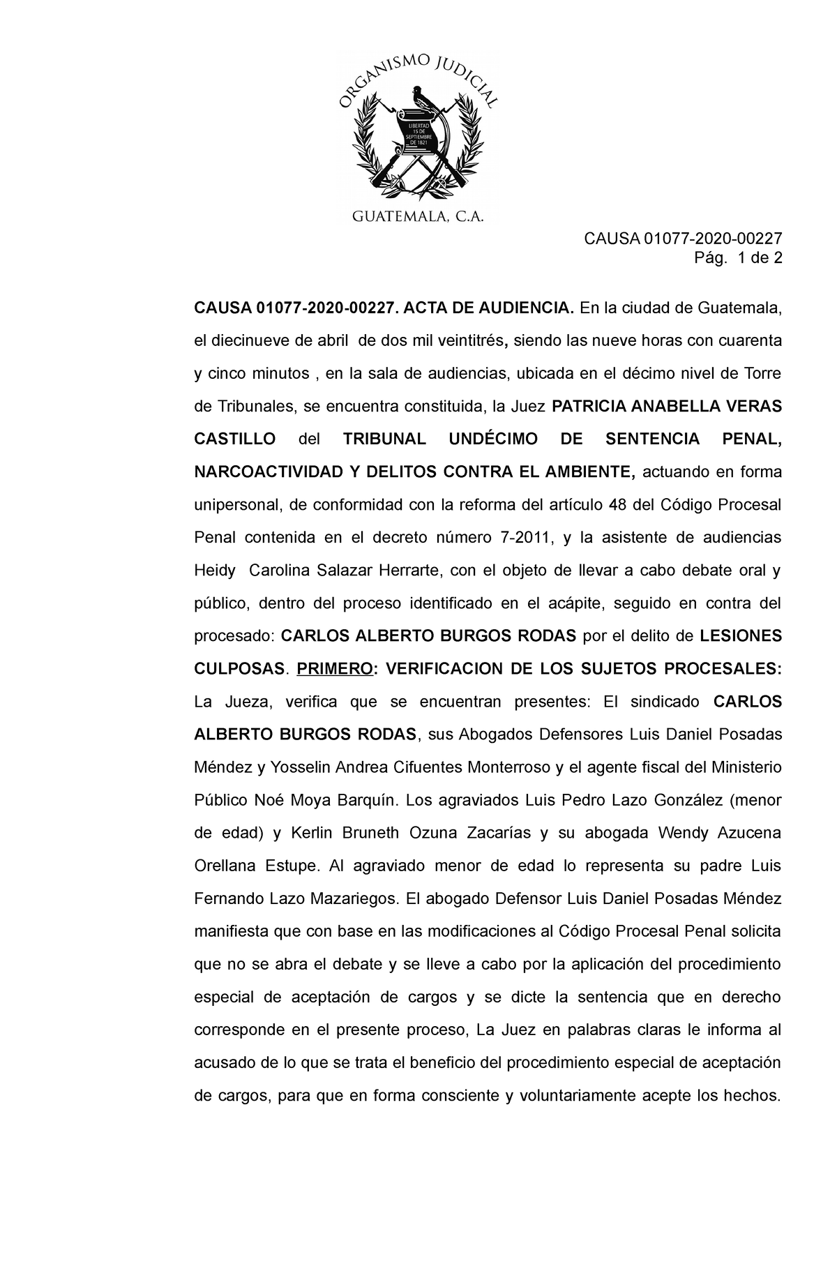 Acta De Audiencia De Procedimiento Especial De Aceptacion De Cargos